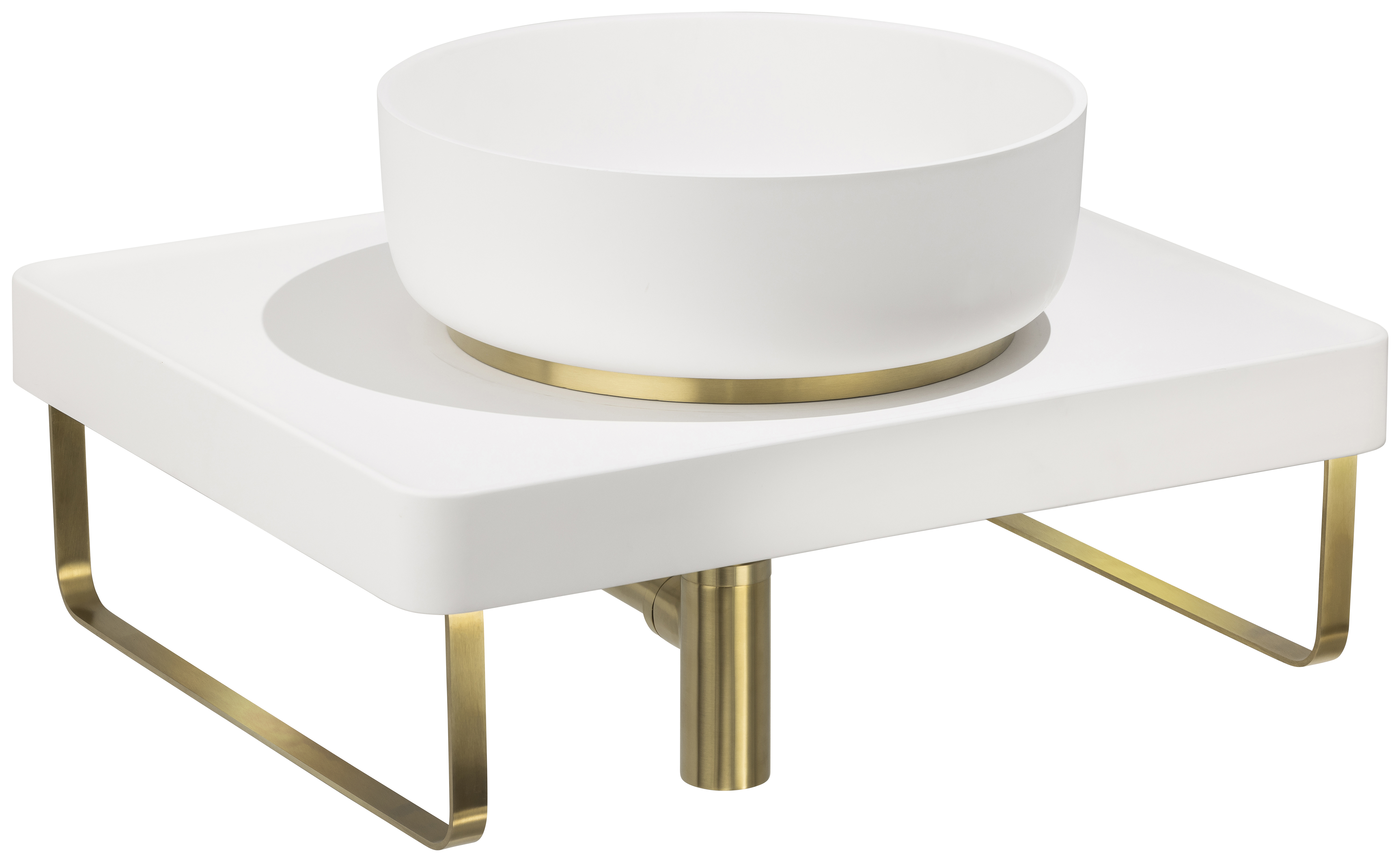 Abode Cava Round Countertop White Basin with White Worktop, Basin Plinth, Brushed Brass Wastes & Towel Rail