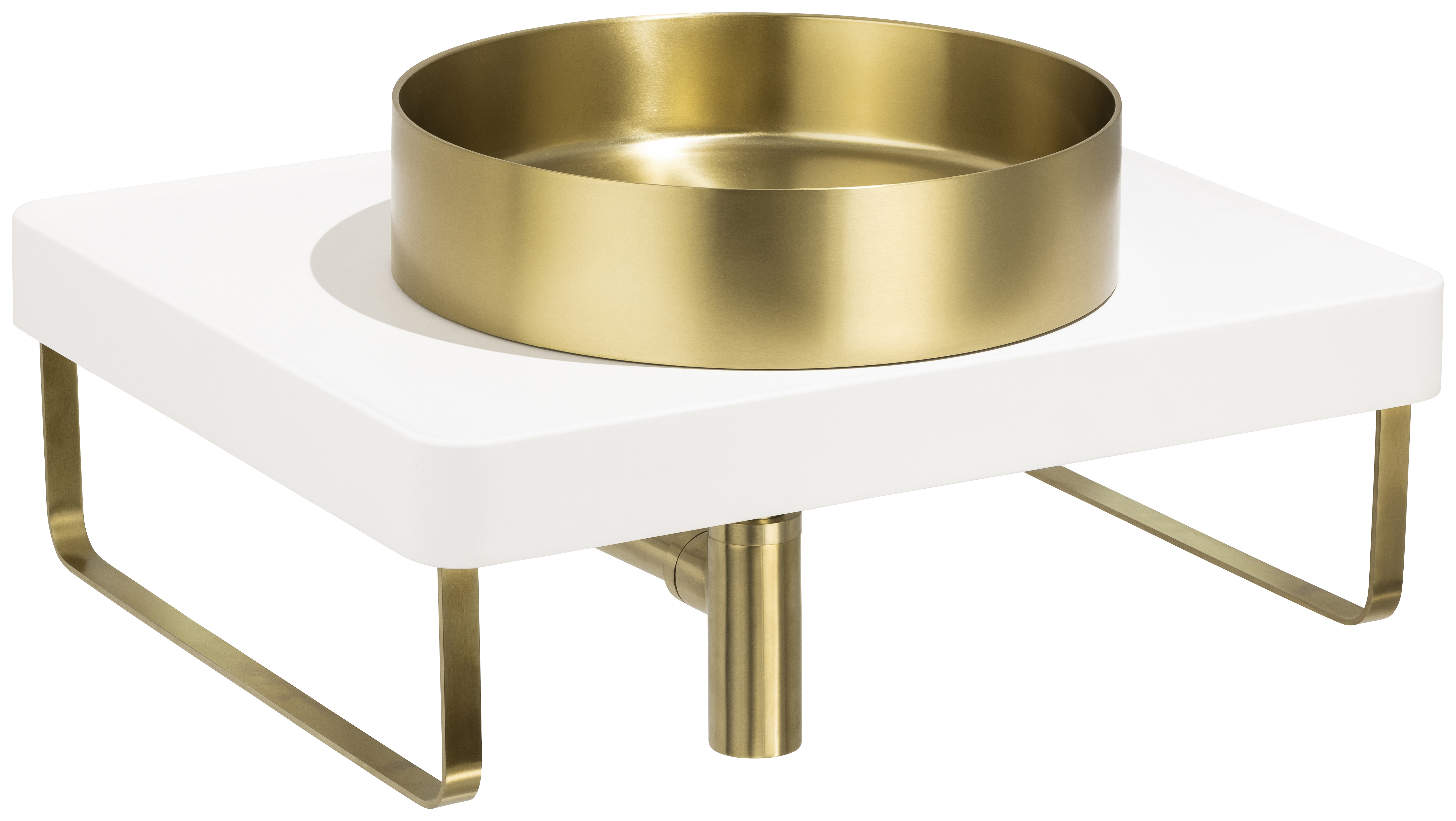 Abode Cava Round Countertop Steel Brass Basin with White Worktop, Brushed Brass Bottle Trap & Towel Rail