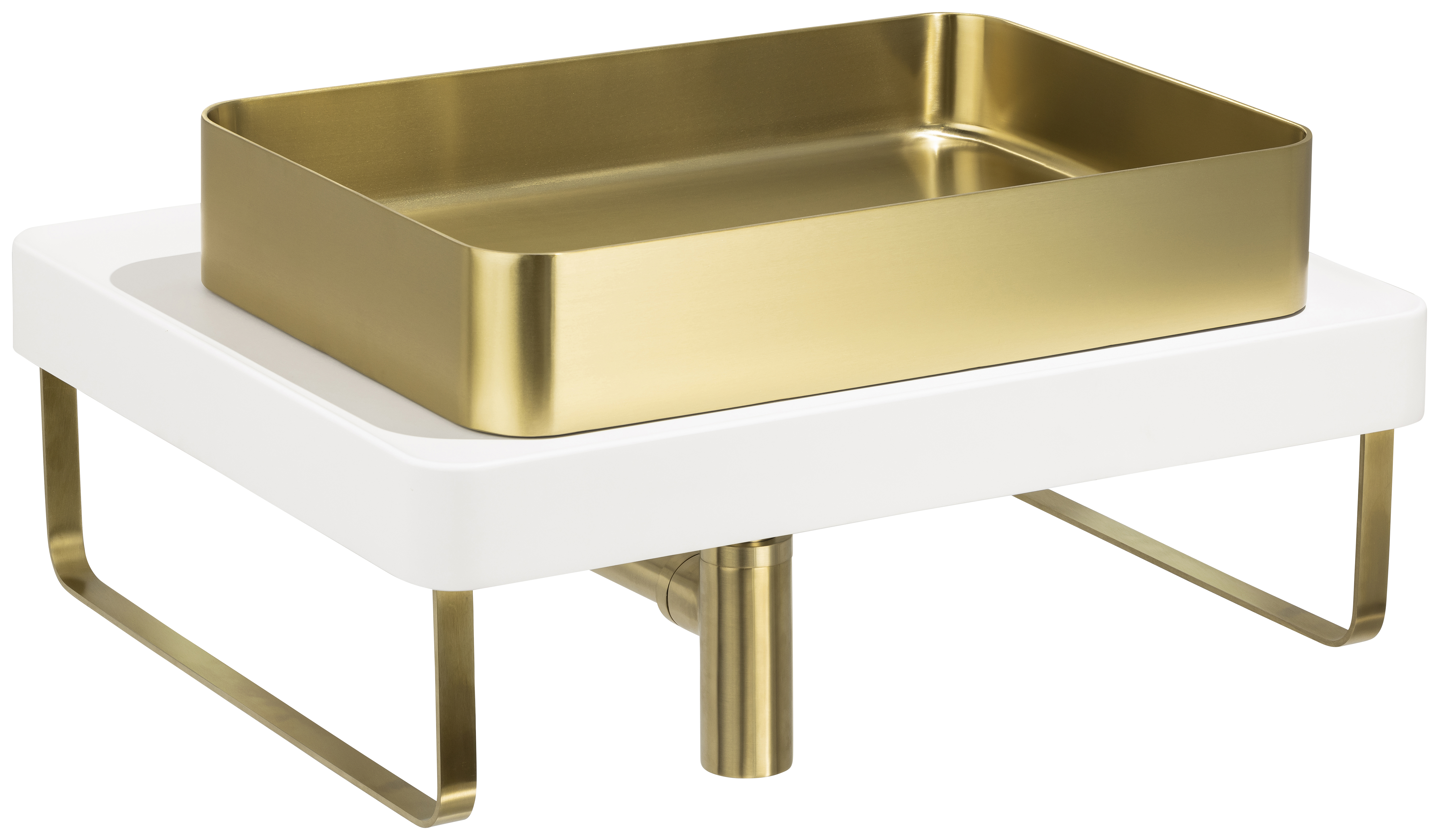 Abode Cava Tablet Countertop Steel Brass Basin with White Worktop, Brushed Brass Bottle Trap & Towel Rail