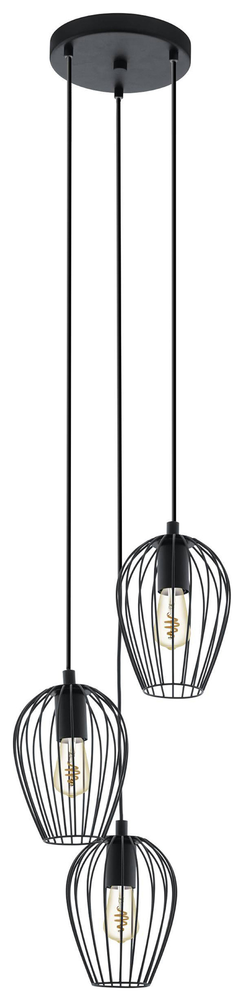 Eglo Newtown Vintage 3-Light Cluster Pendant with Caged Shades - Black