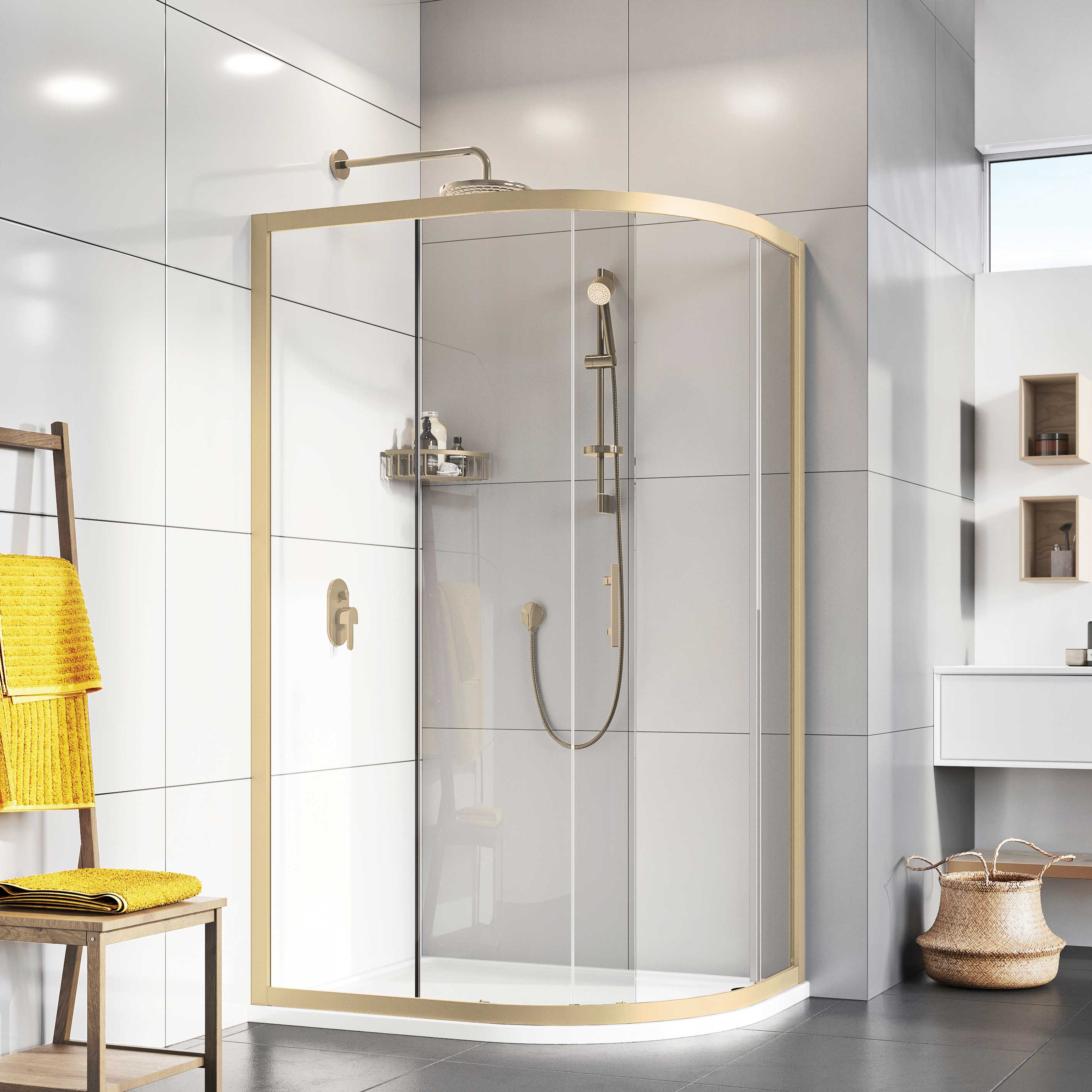 Roman Innov8 8mm Brushed Brass Offset Quadrant Single Door Shower Enclosure - 900 x 800mm