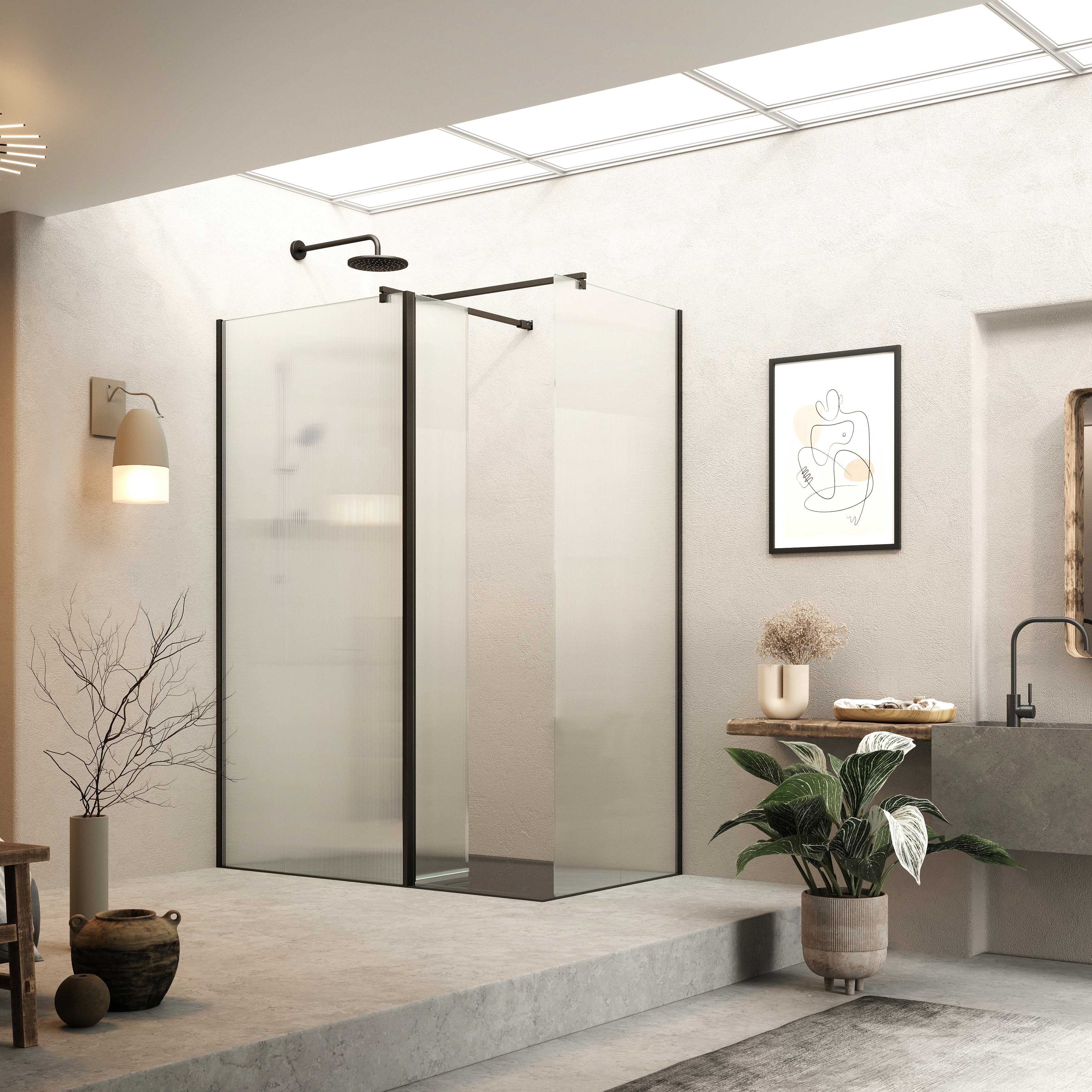 Roman Haven 8mm Fluted Black Wet Room Shower Screen Only - Various Sizes Available