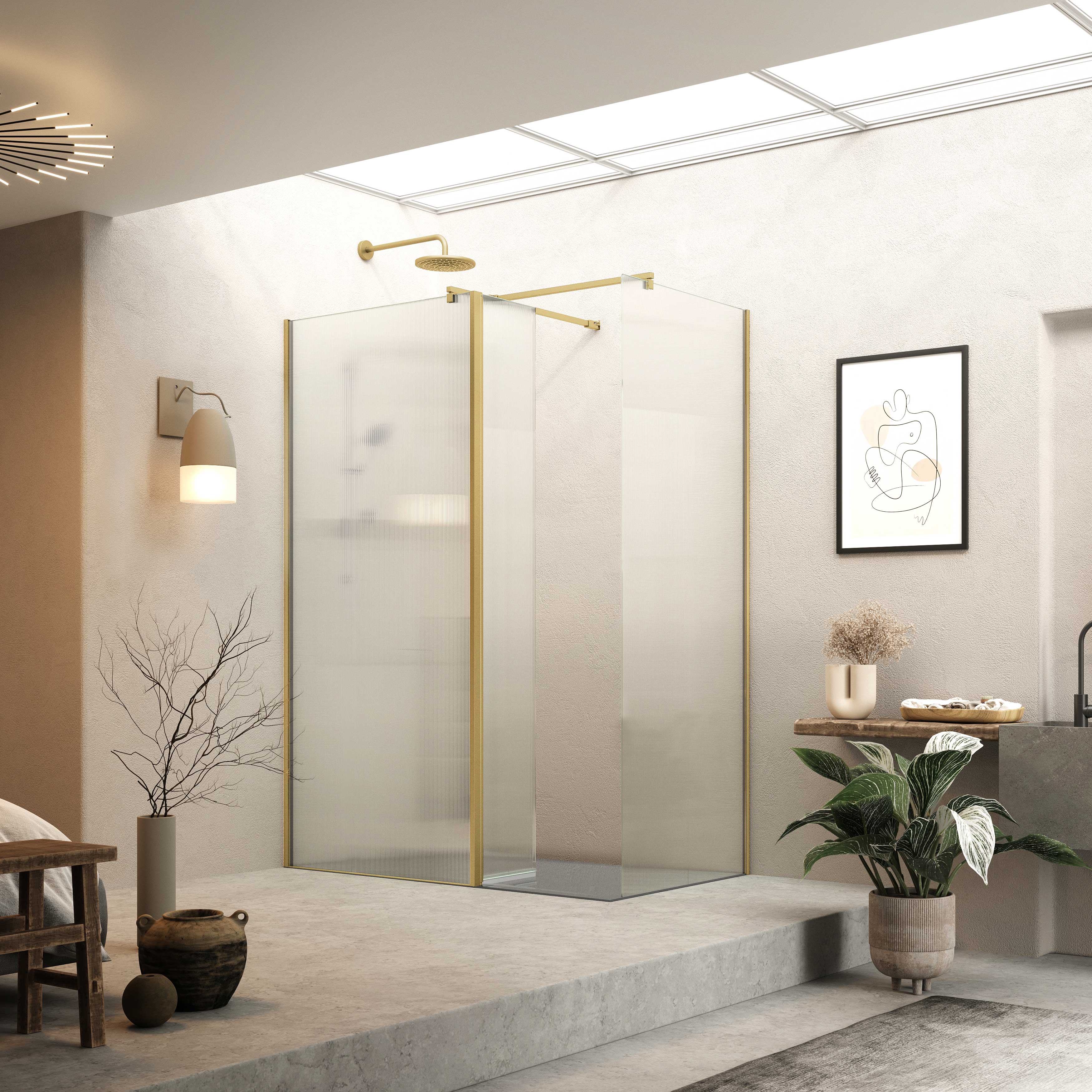 Roman Haven 8mm Fluted Brushed Brass Wet Room Shower Screen Only - Various Sizes Available