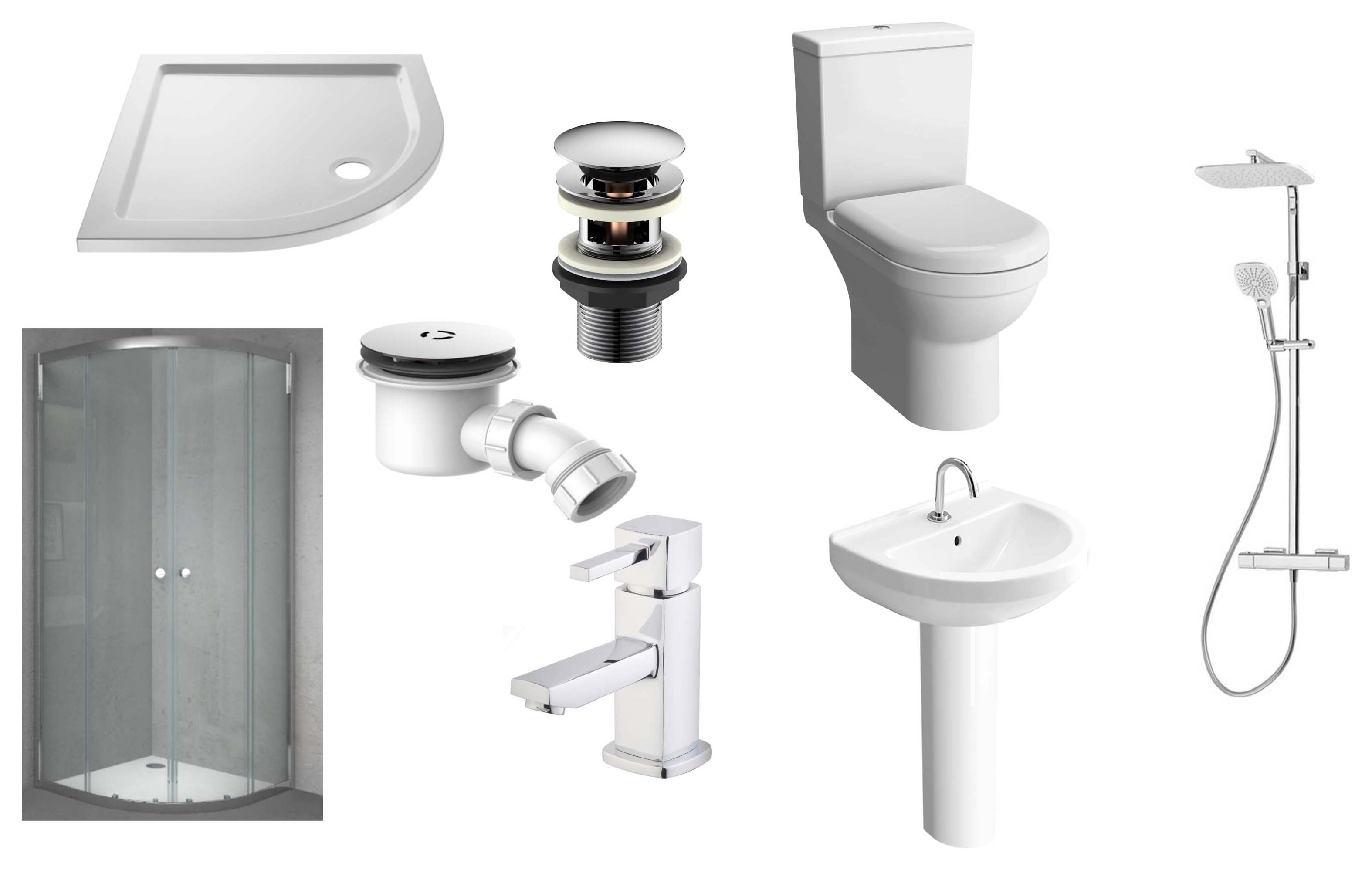Vision 6mm Chrome Framed Quadrant Enclosure En-Suite with Toilet Pan, Basin, Tap, Wastes & Mixer Shower - 900mm