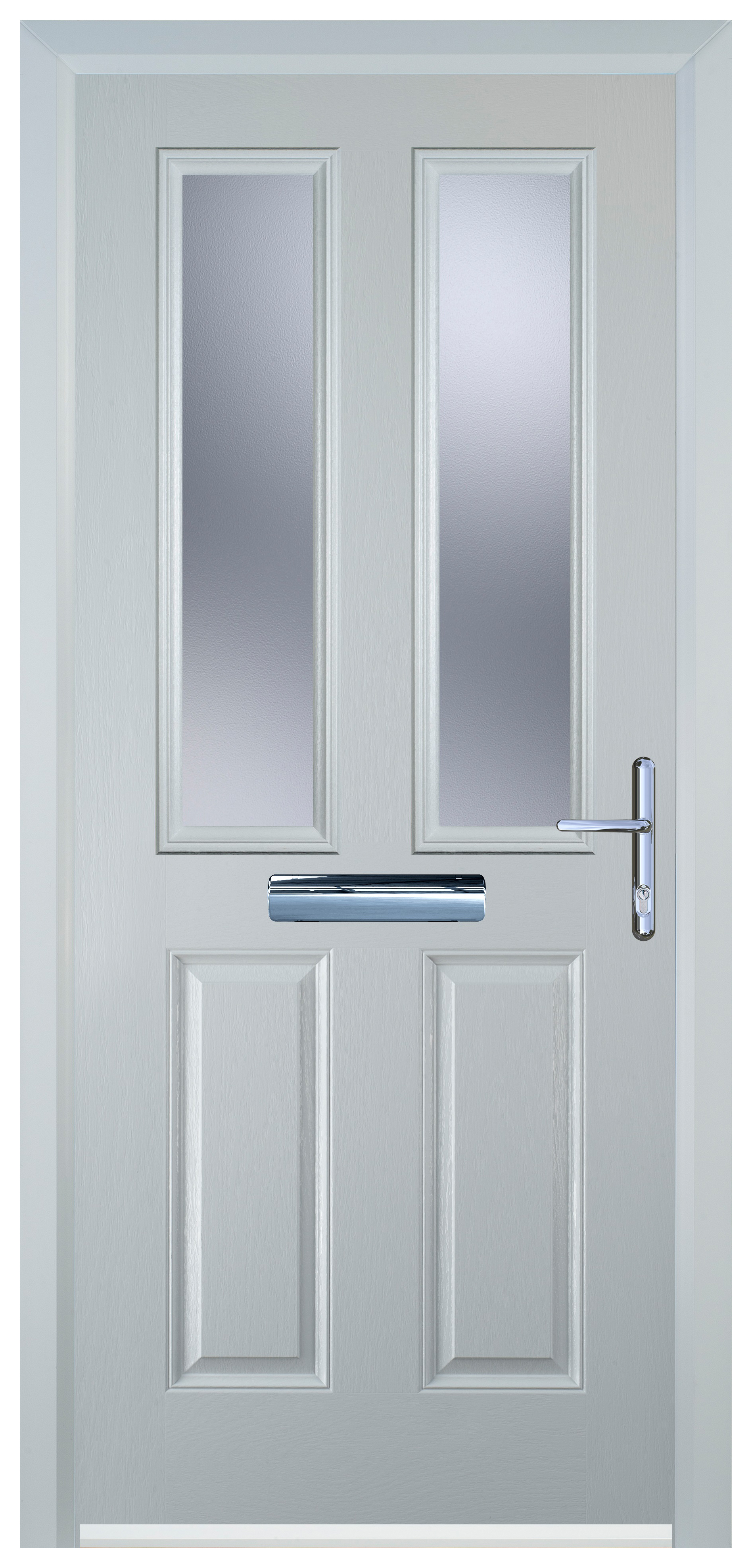 Door-Stop 2 Panel 2 Square White Left Hand GRP Composite Door with Stippolyte Glass - 2100mm