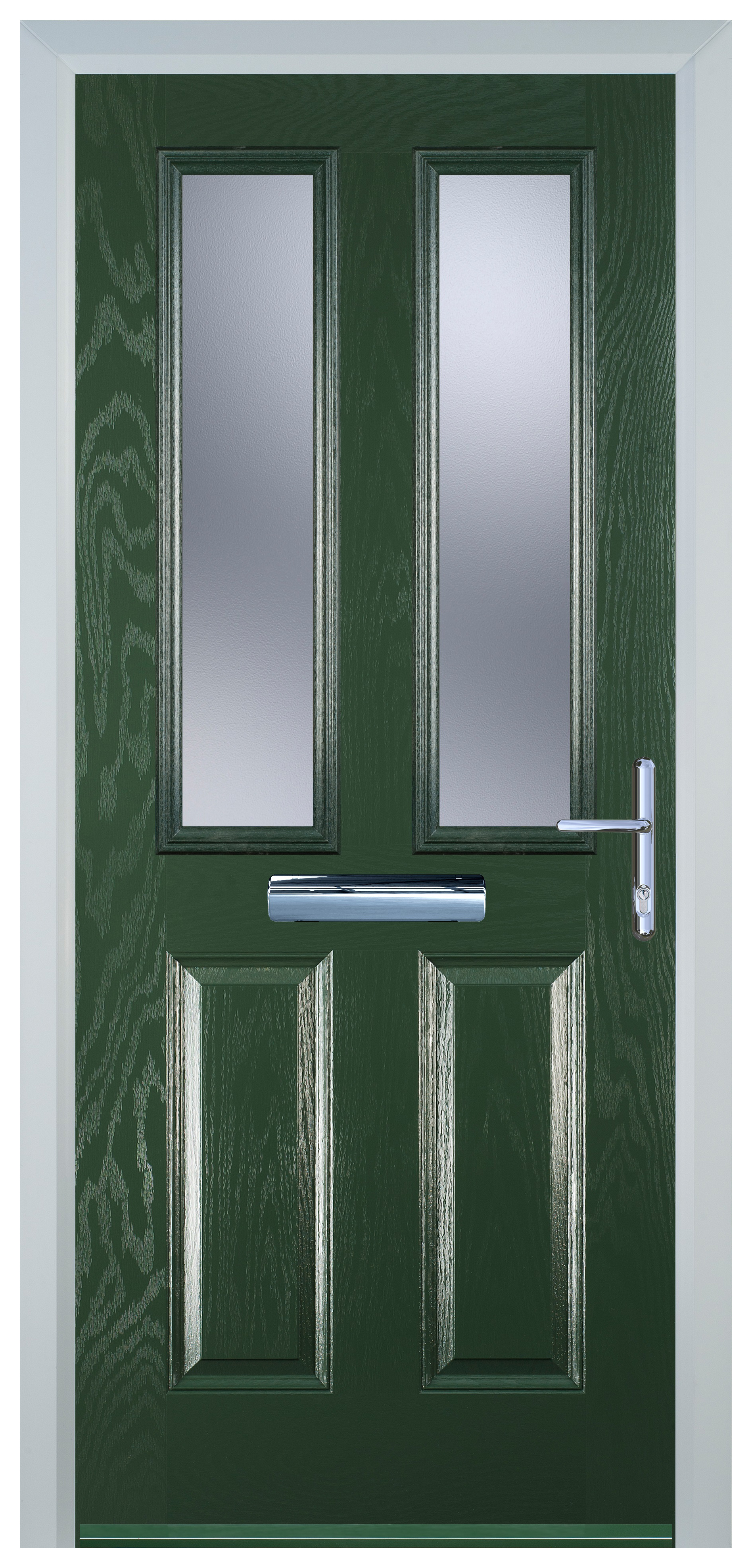 Door-Stop 2 Panel 2 Square Green Left Hand GRP Composite Door with Stippolyte Glass - 2100mm