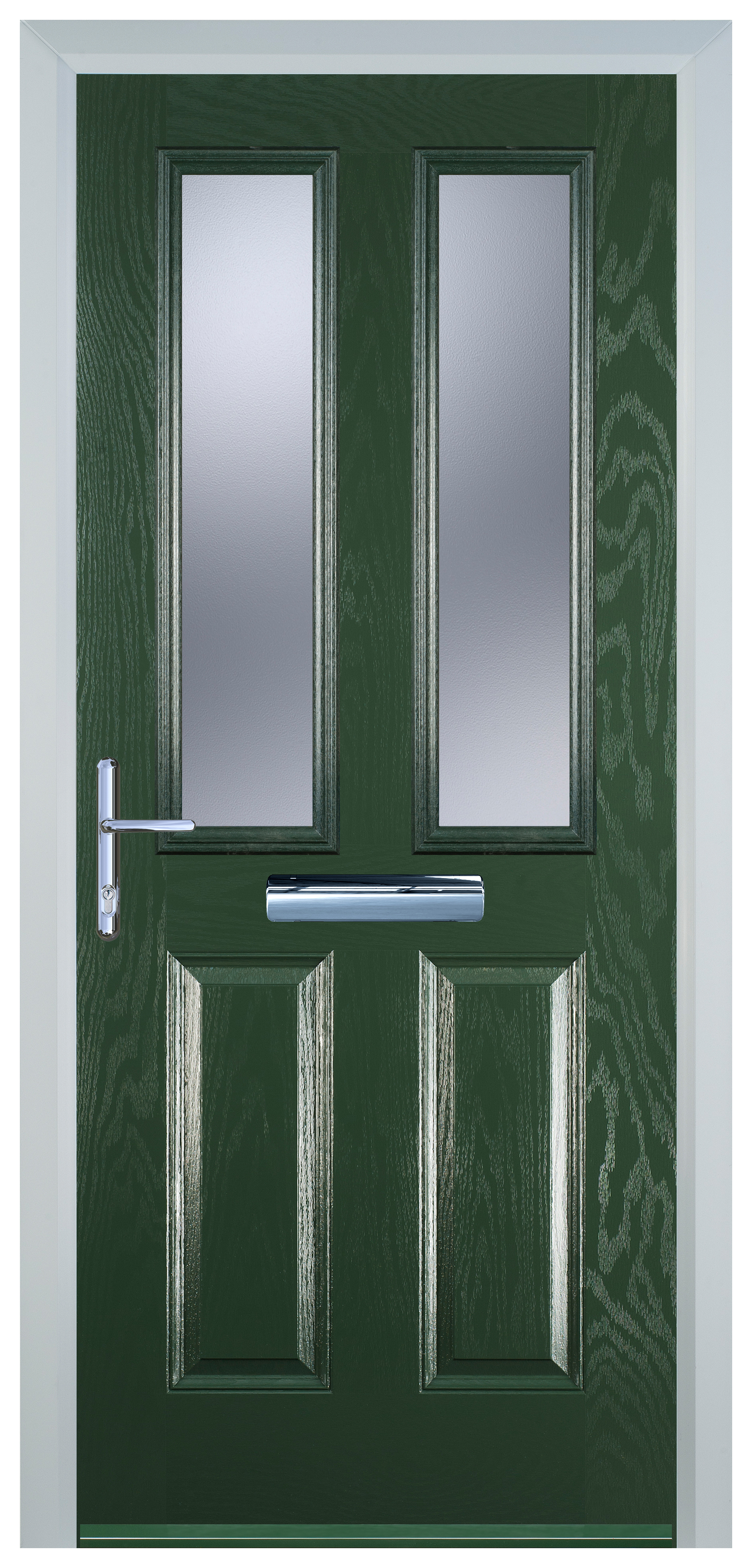 Door-Stop 2 Panel 2 Square Green Right Hand GRP Composite Door with Stippolyte Glass - 2100mm
