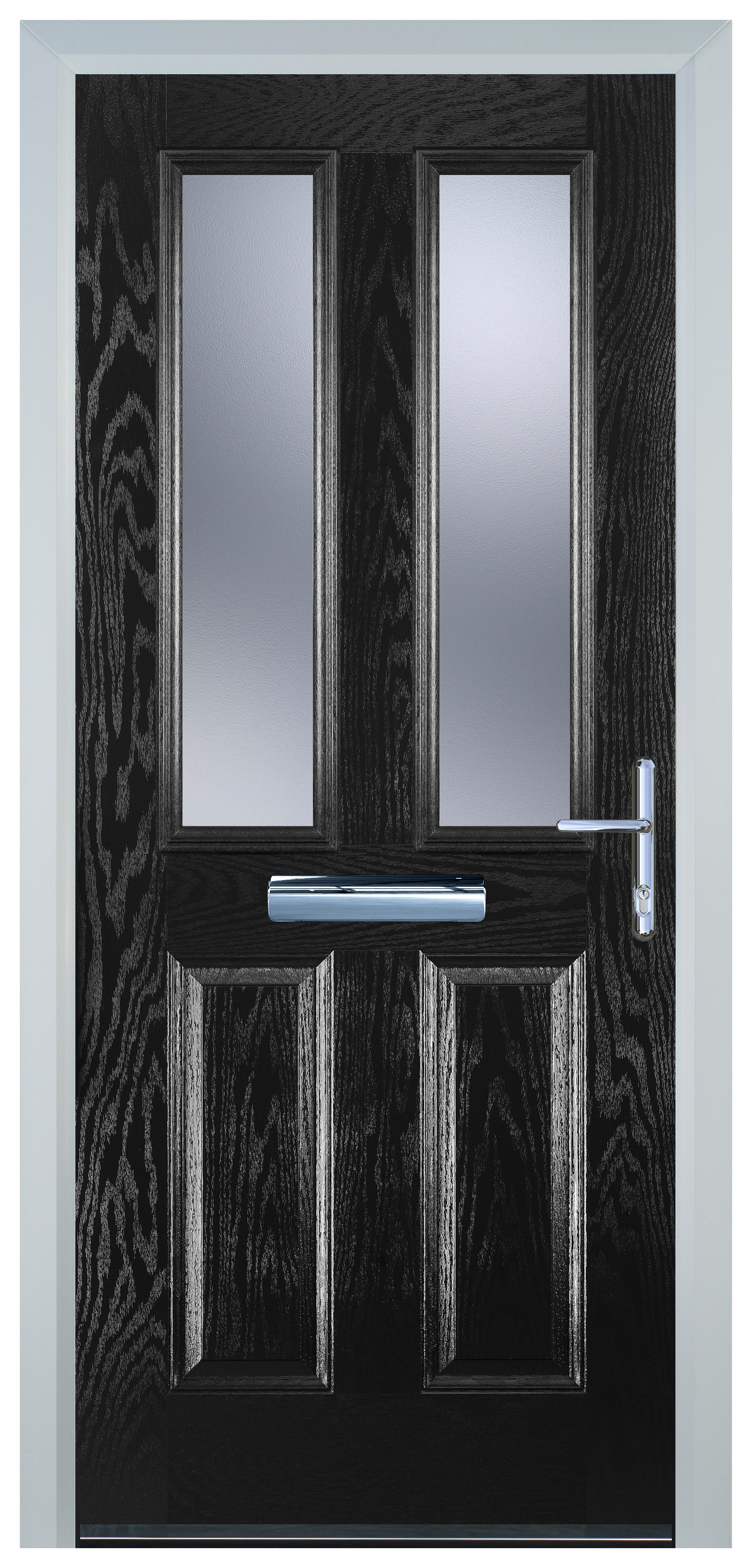 Door-Stop 2 Panel 2 Square Black Left Hand Composite Door with Stippolyte Glass - 2100mm