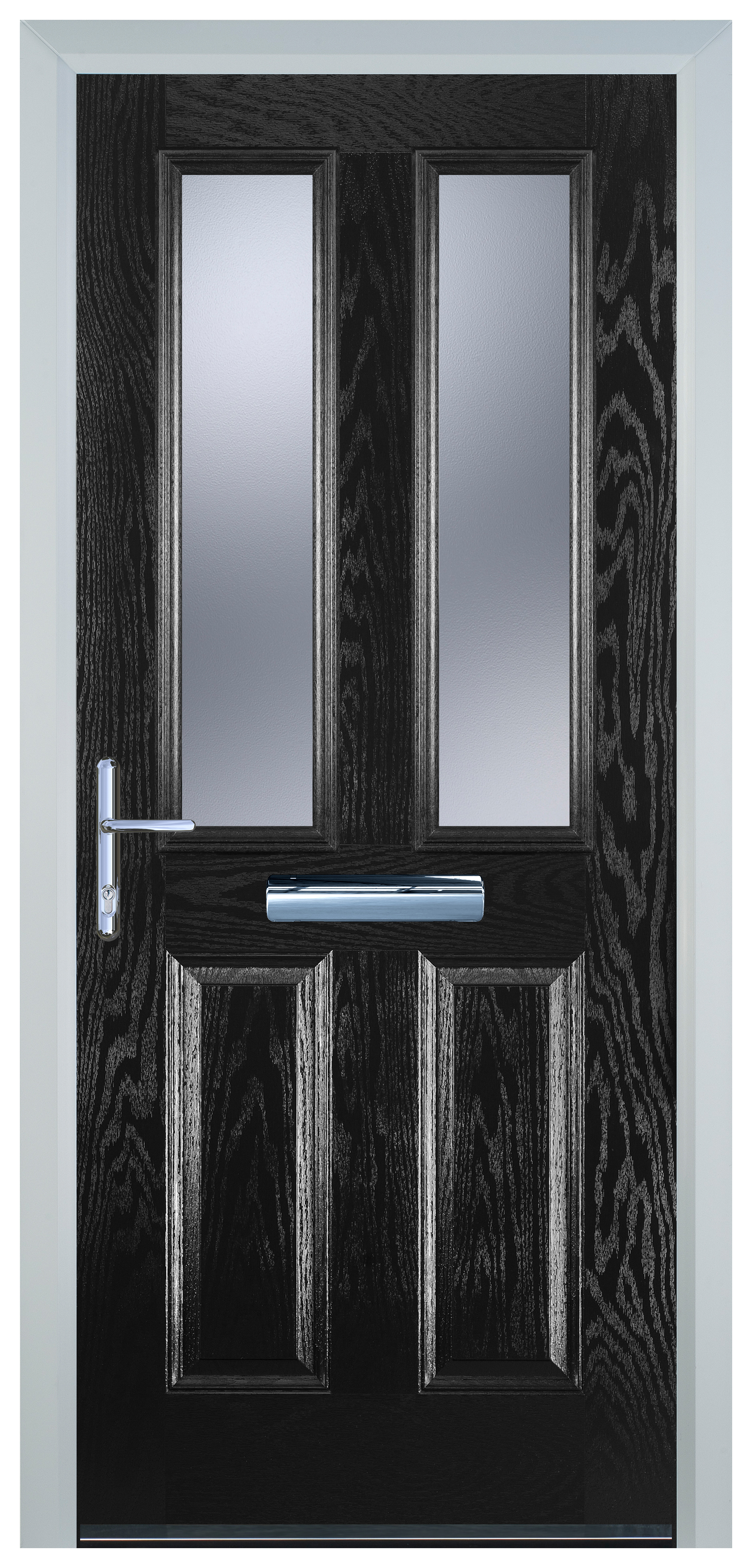Door-Stop 2 Panel 2 Square Black Right Hand Composite Door with Stippolyte Glass - 2100mm