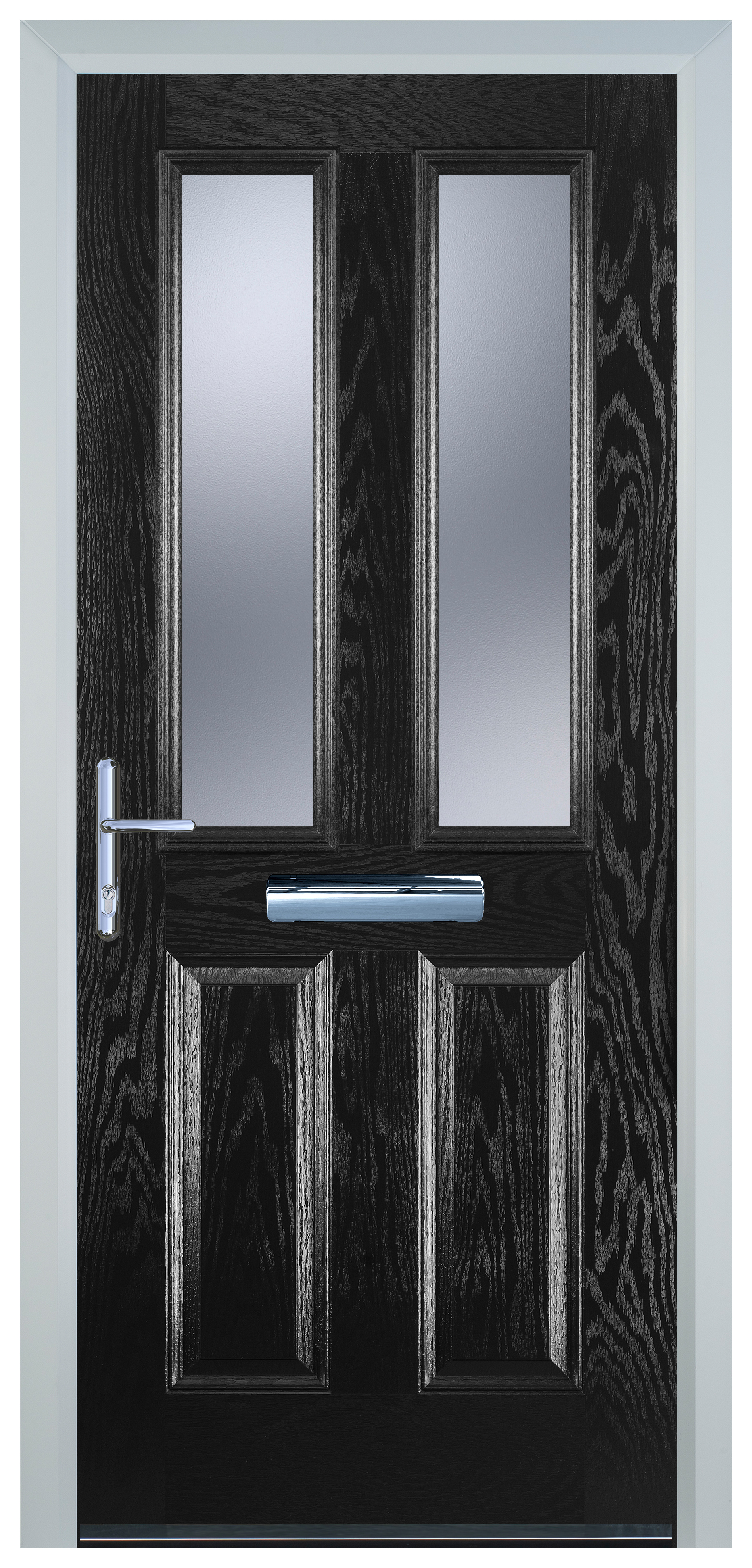 Door-Stop 2 Panel 2 Square Black Right Hand GRP Composite Door with Stippolyte Glass - 2100mm