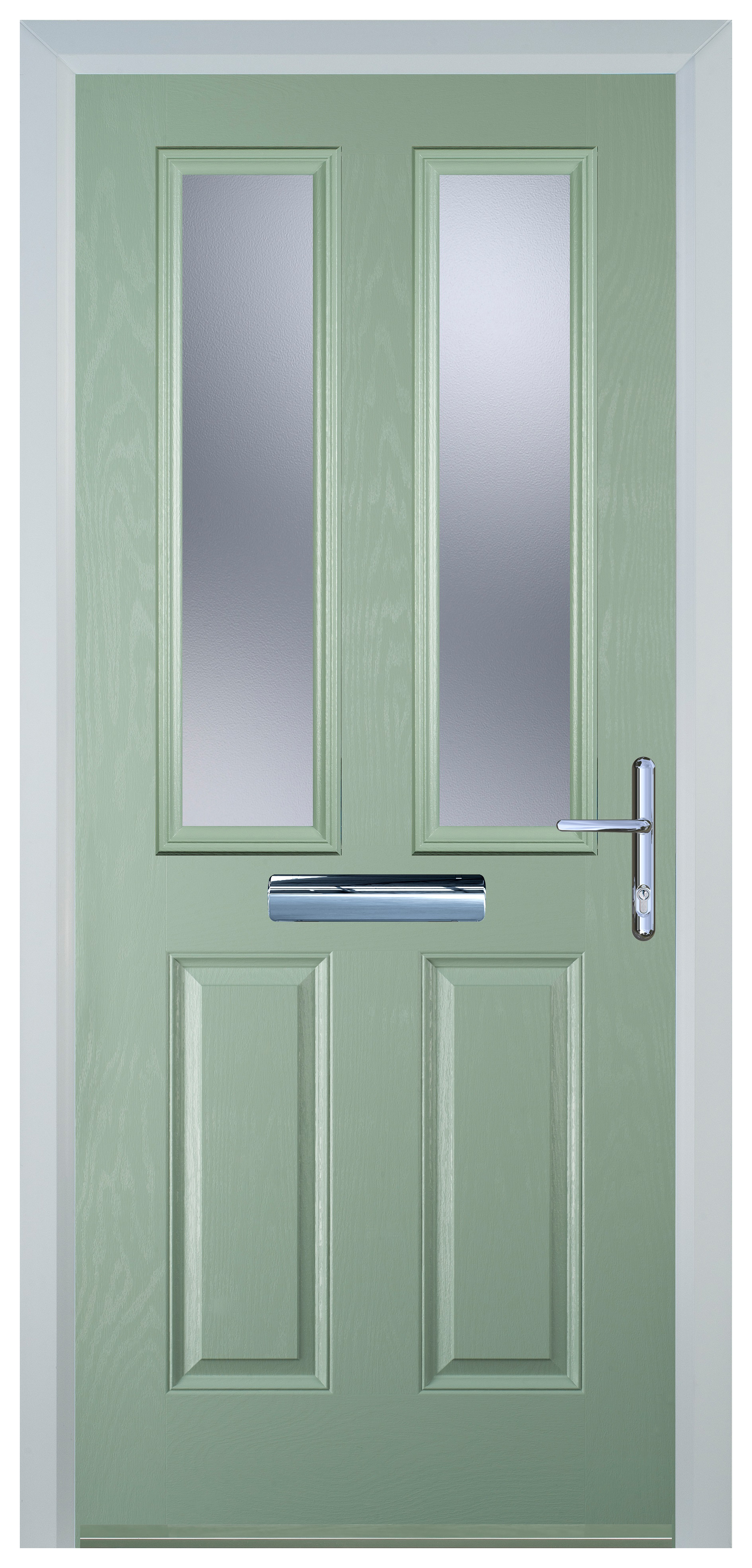 Door-Stop 2 Panel 2 Square Chartwell Green Left Hand GRP Composite Door with Stippolyte Glass - 2100mm
