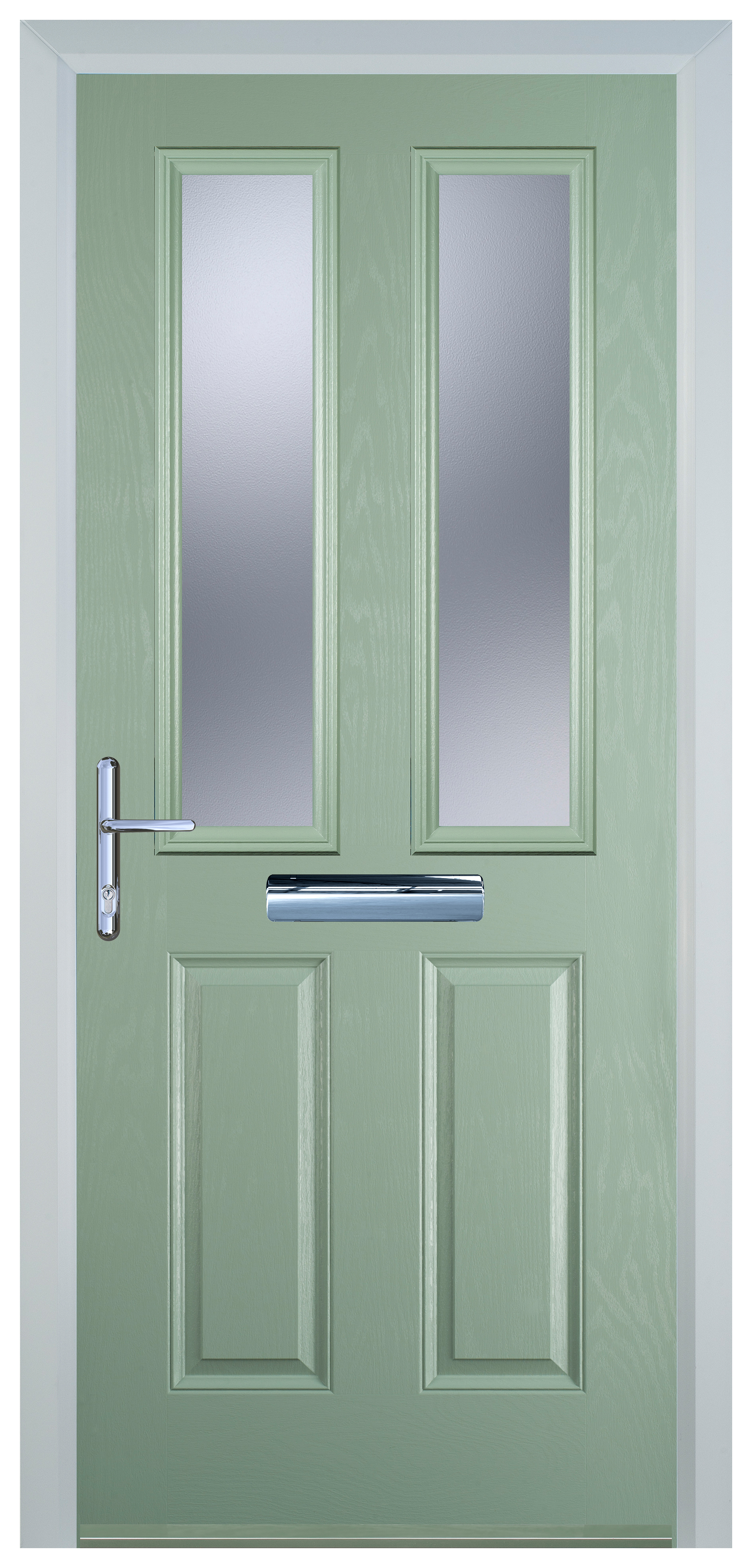 Door-Stop 2 Panel 2 Square Chartwell Green Right Hand GRP Composite Door with Stippolyte Glass - 2100mm