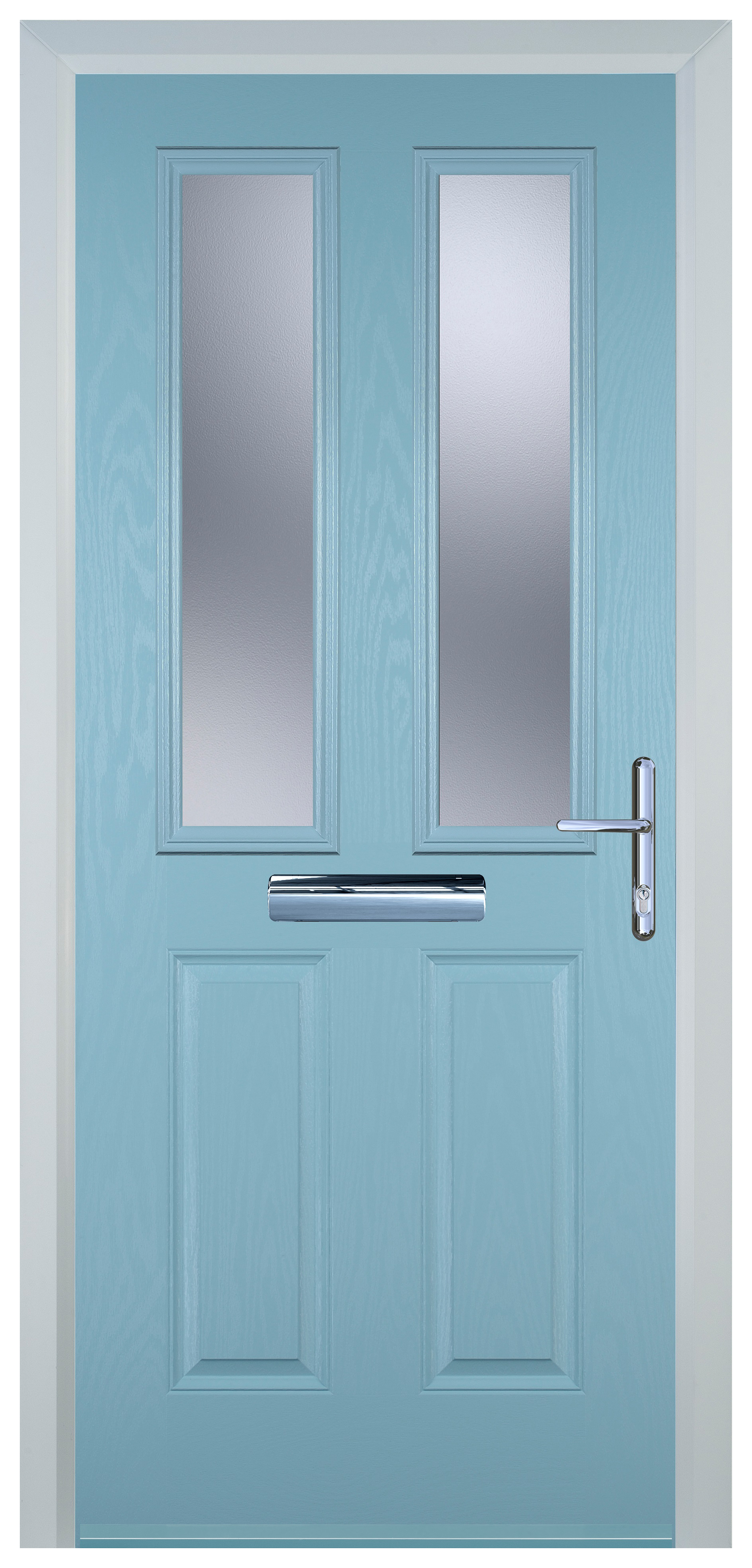 Door-Stop 2 Panel 2 Square Duck Egg Blue Left Hand GRP Composite Door with Stippolyte Glass - 2100mm
