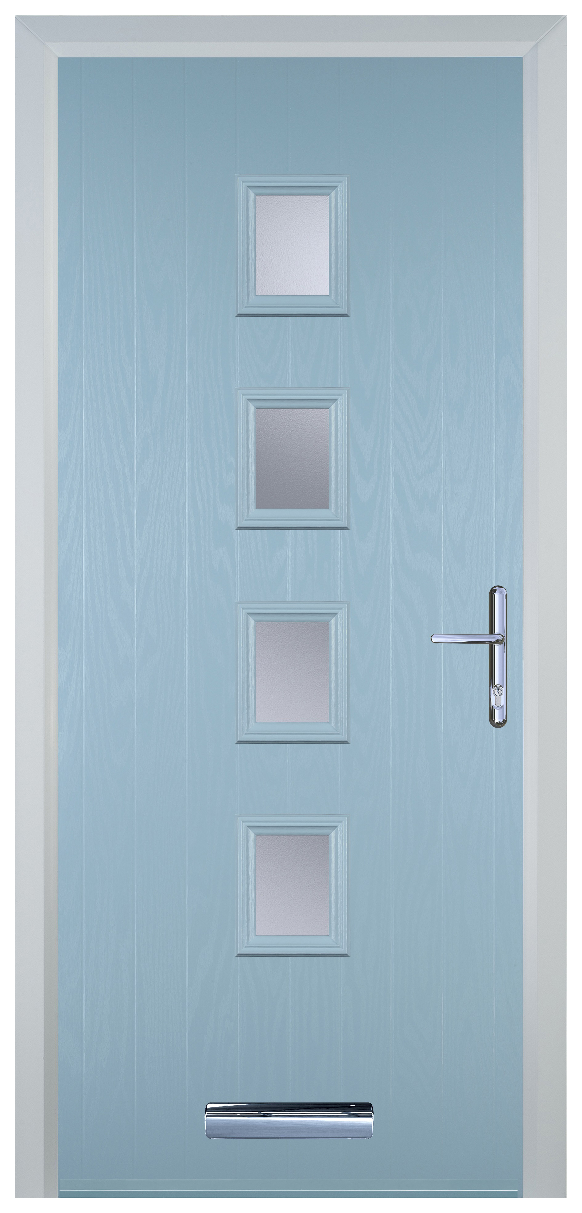 Door-Stop 4 Square Duck Egg Blue Left Hand Composite Door with Stippolyte Glass - 2100mm