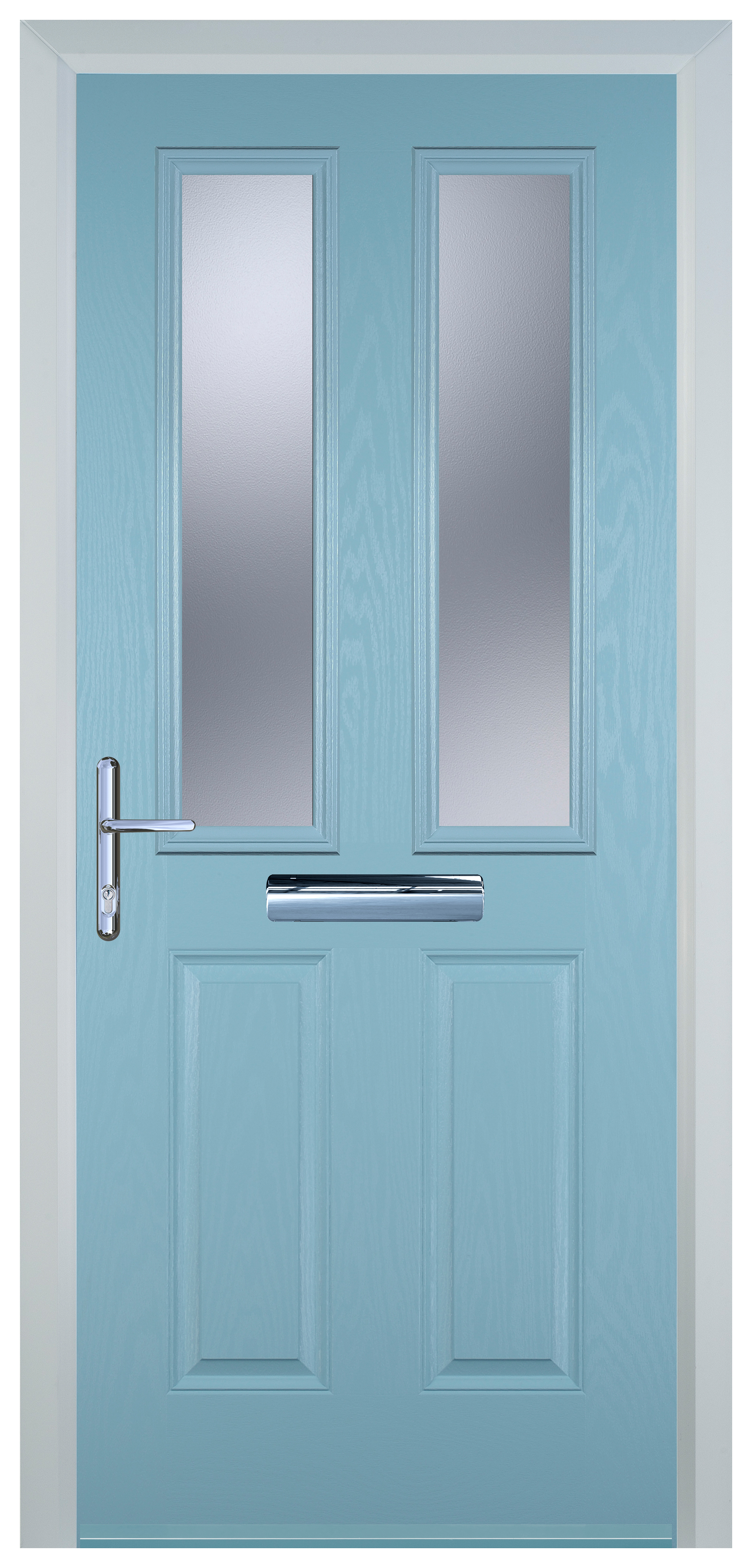 Door-Stop 2 Panel 2 Square Duck Egg Blue Right Hand GRP Composite Door with Stippolyte Glass - 2100mm
