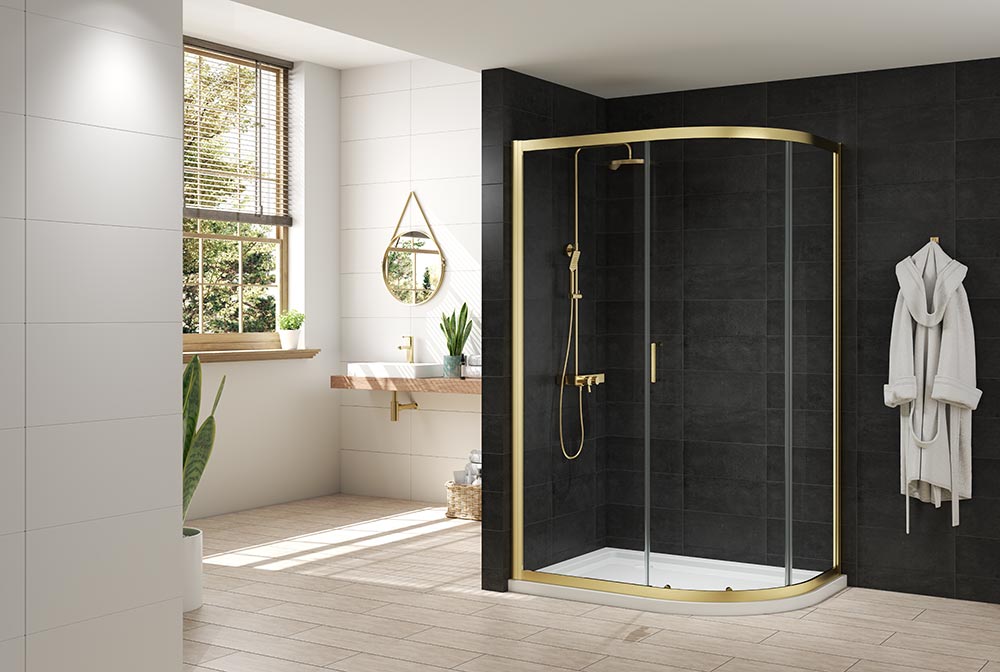 Nexa By Merlyn 6mm Brushed Brass Framed Offset Quadrant Single Sliding Door Shower Enclosure - 1000 x 800mm