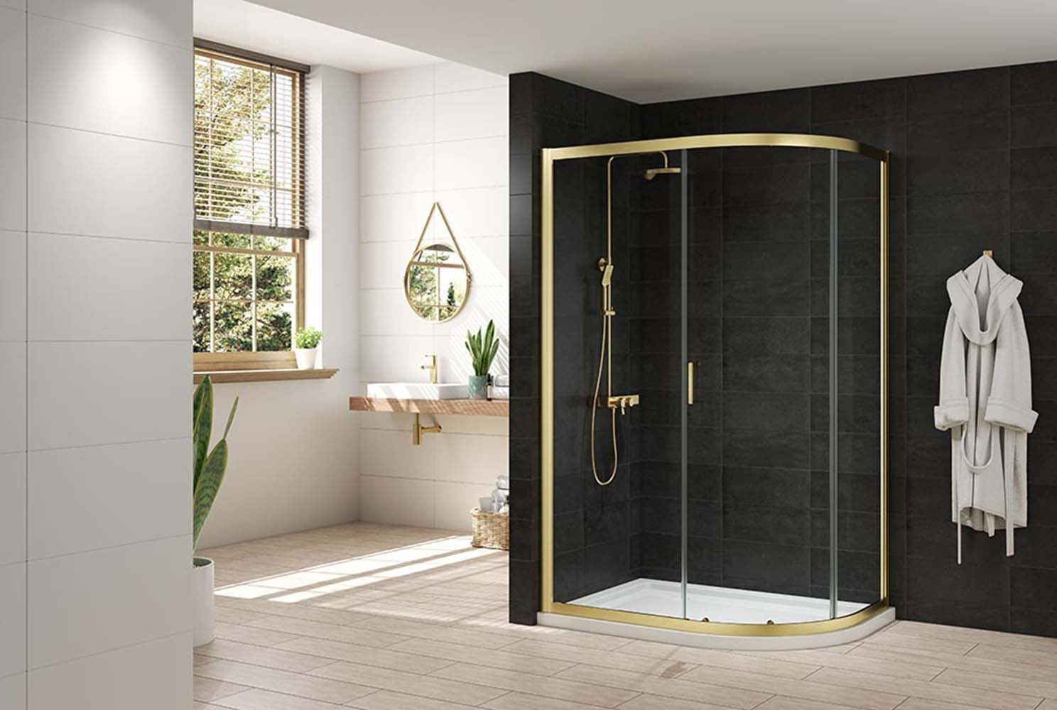 Nexa By Merlyn 6mm Brushed Brass Framed Offset Quadrant Single Sliding Door Left Opening Shower Enclosure - 1200 x 900mm