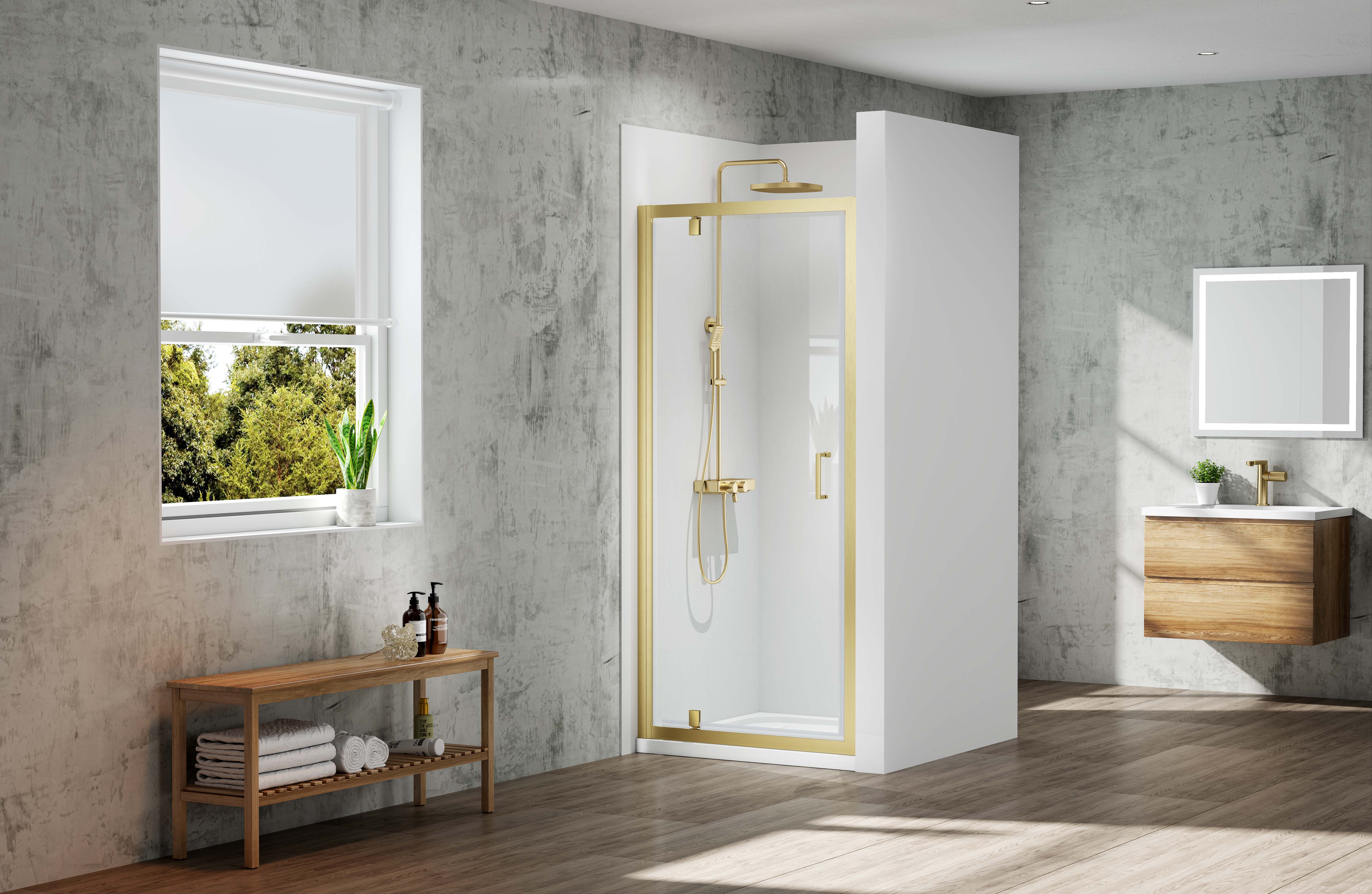 Nexa By Merlyn 6mm Framed Brushed Brass Pivot Shower Door Only - 760mm