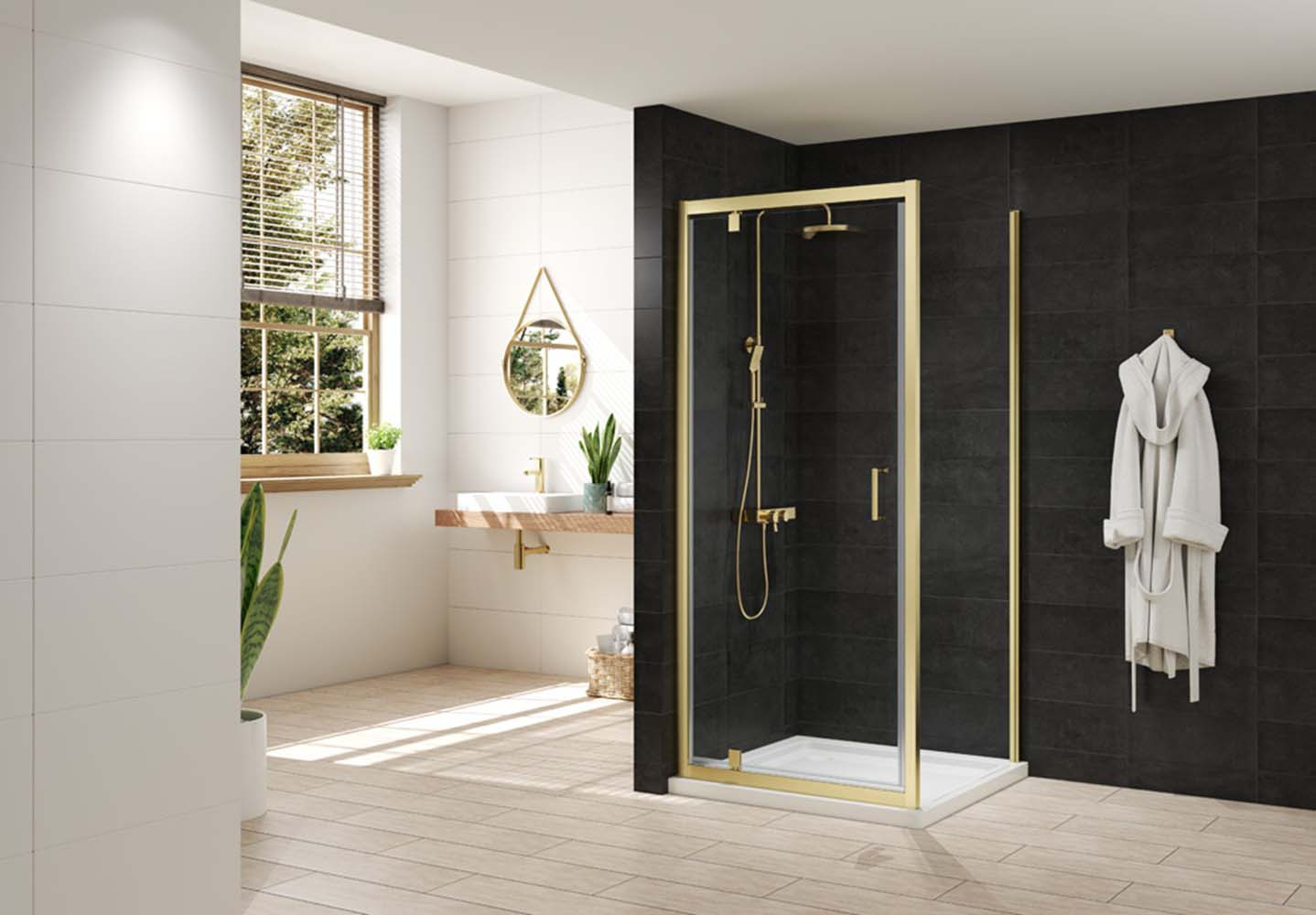 Nexa By Merlyn 6mm Framed Brushed Brass Pivot Shower Door Only - 800mm