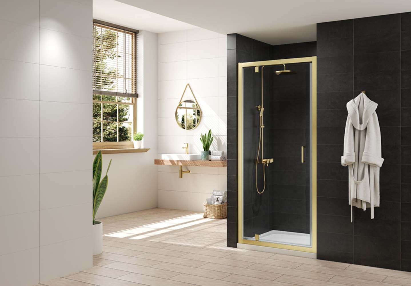 Nexa By Merlyn 6mm Framed Brushed Brass Pivot Shower Door Only - 1900 x 900mm