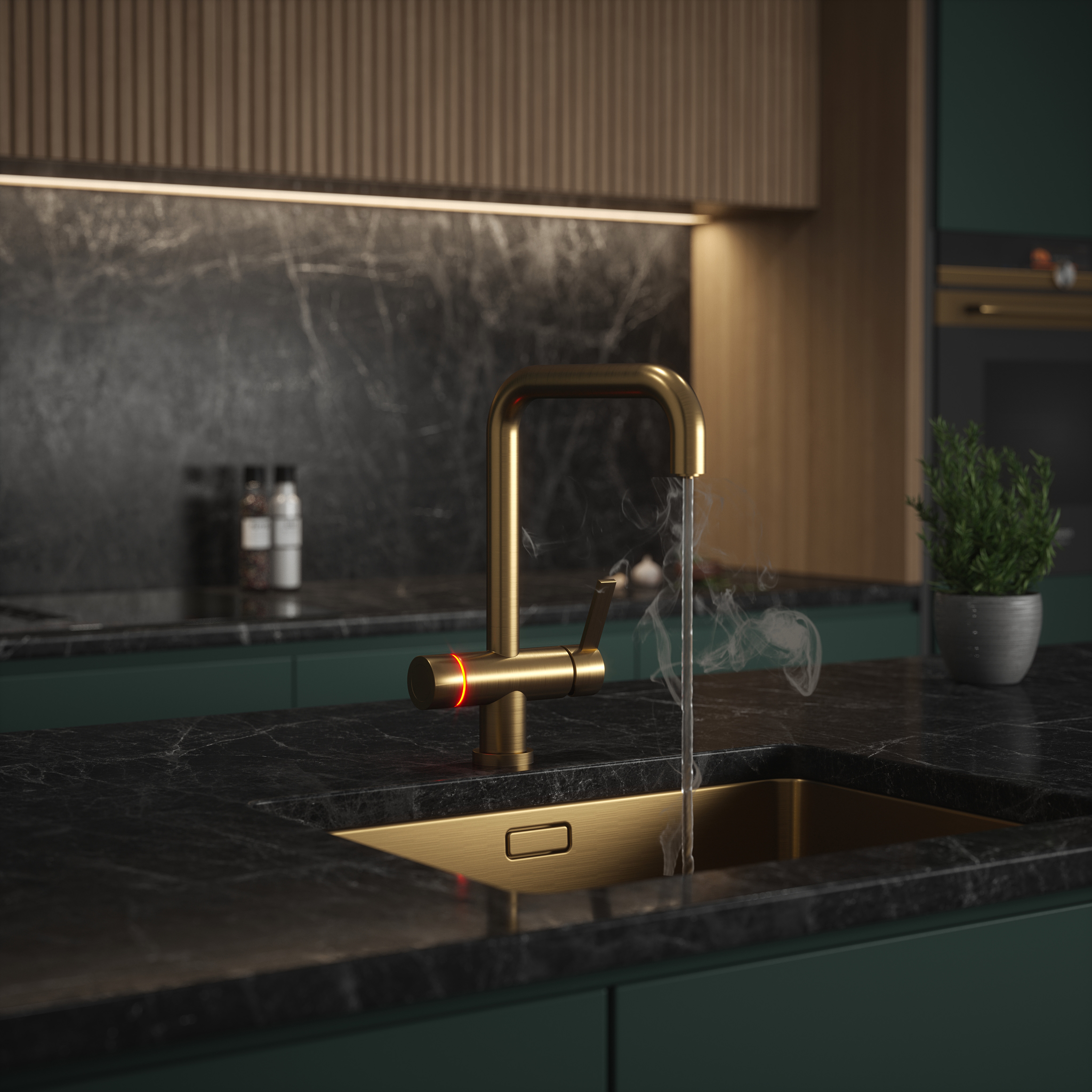 Carysil LED Touch Square Neck 4-in-1 Hot Water Kitchen Tap - Brushed Brass