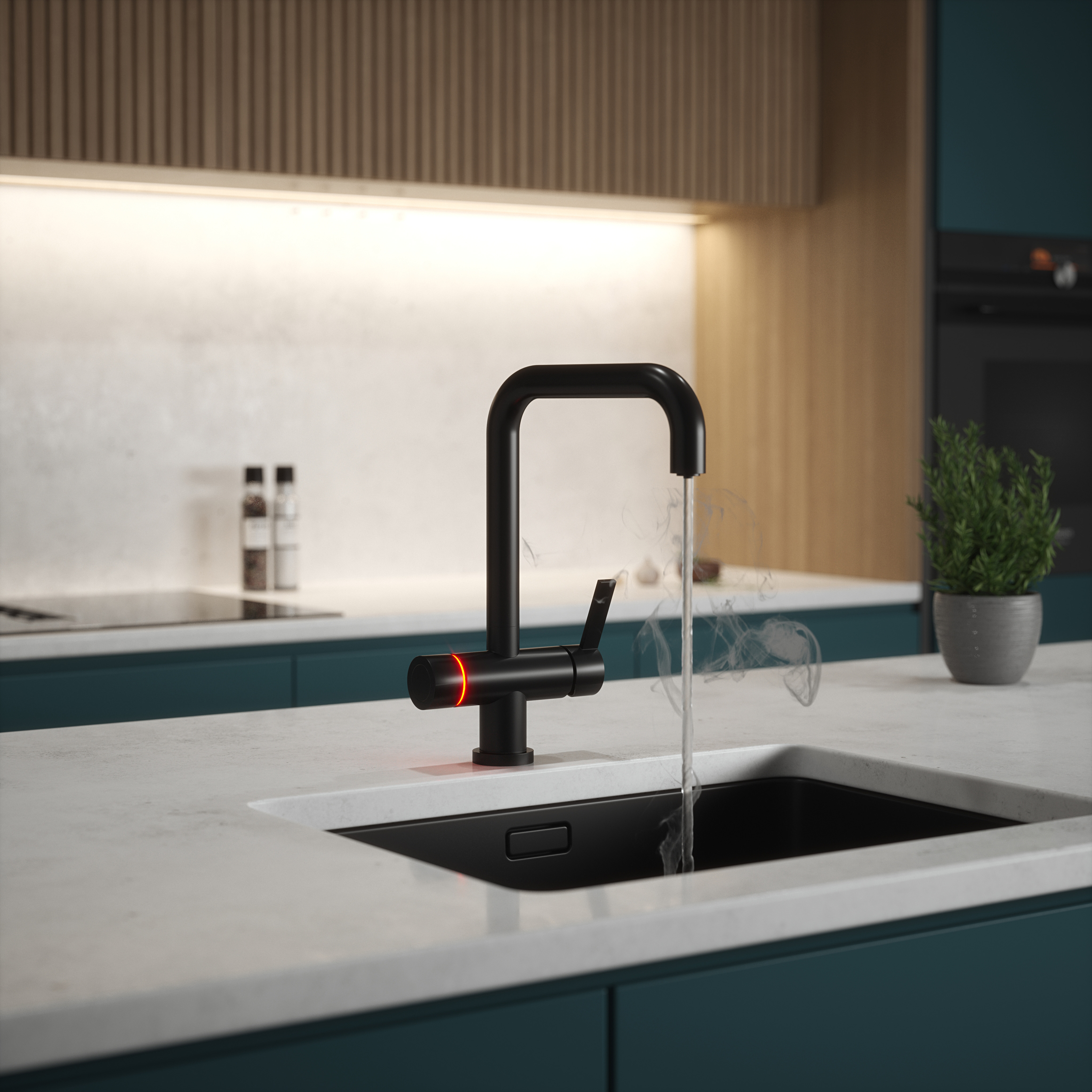 Image of Carysil LED Touch Square Neck 4-in-1 Hot Water Kitchen Tap - Matt Black