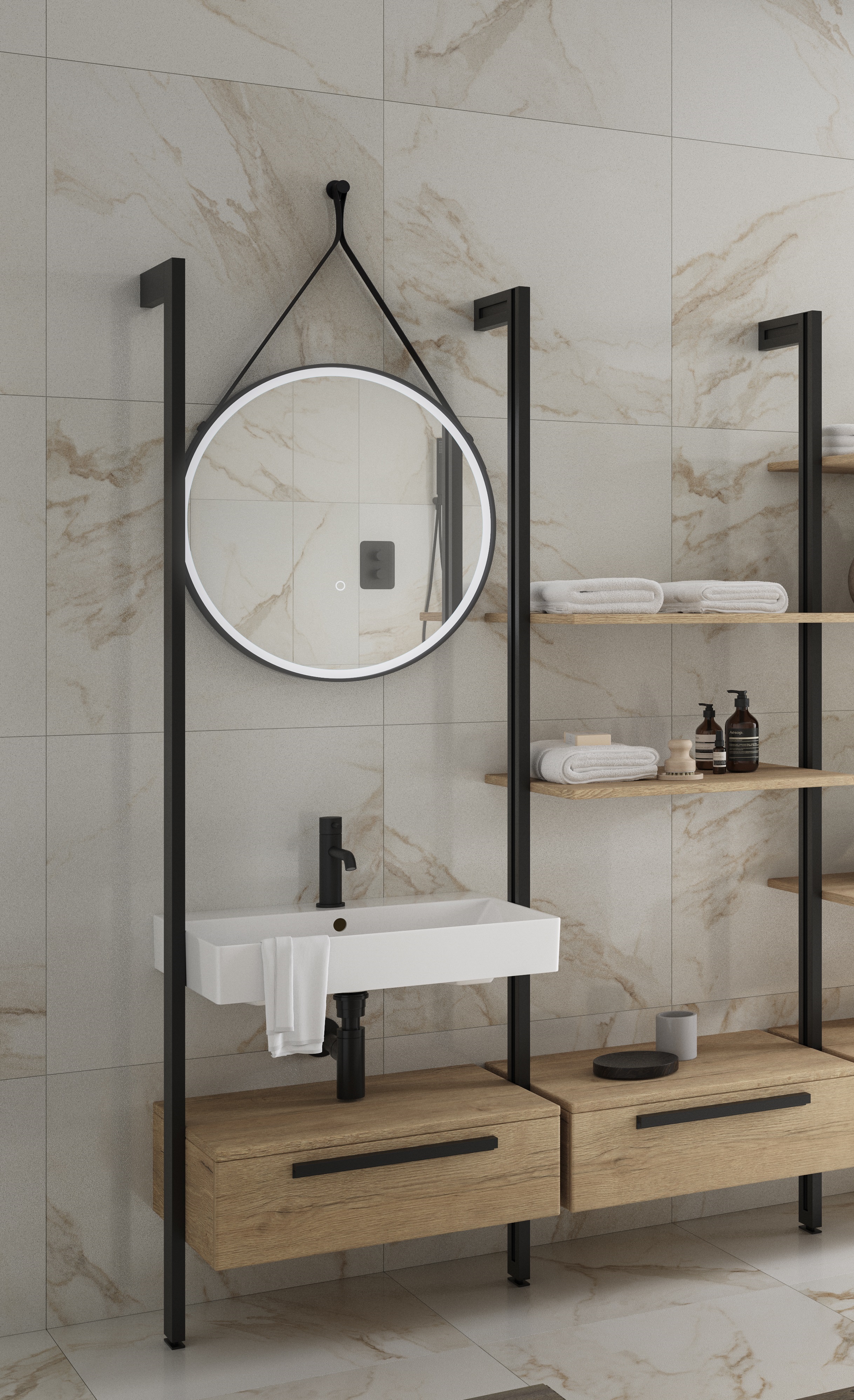 Wickes Rimini Wall System Vanity & Tower Unit Only with Shelves & White Basin - 1800mm