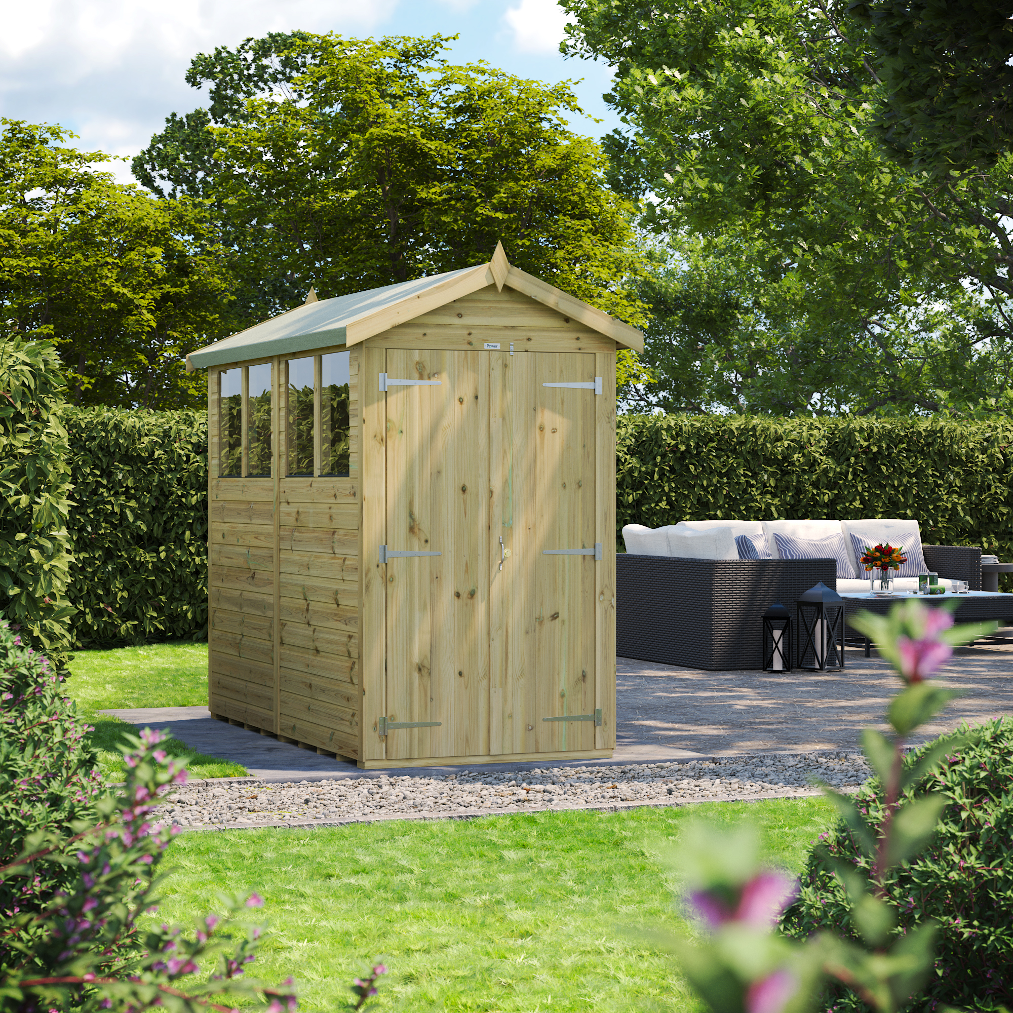 Power Sheds Premium Double Door Apex Pressure Treated Shed - 8 x 4ft