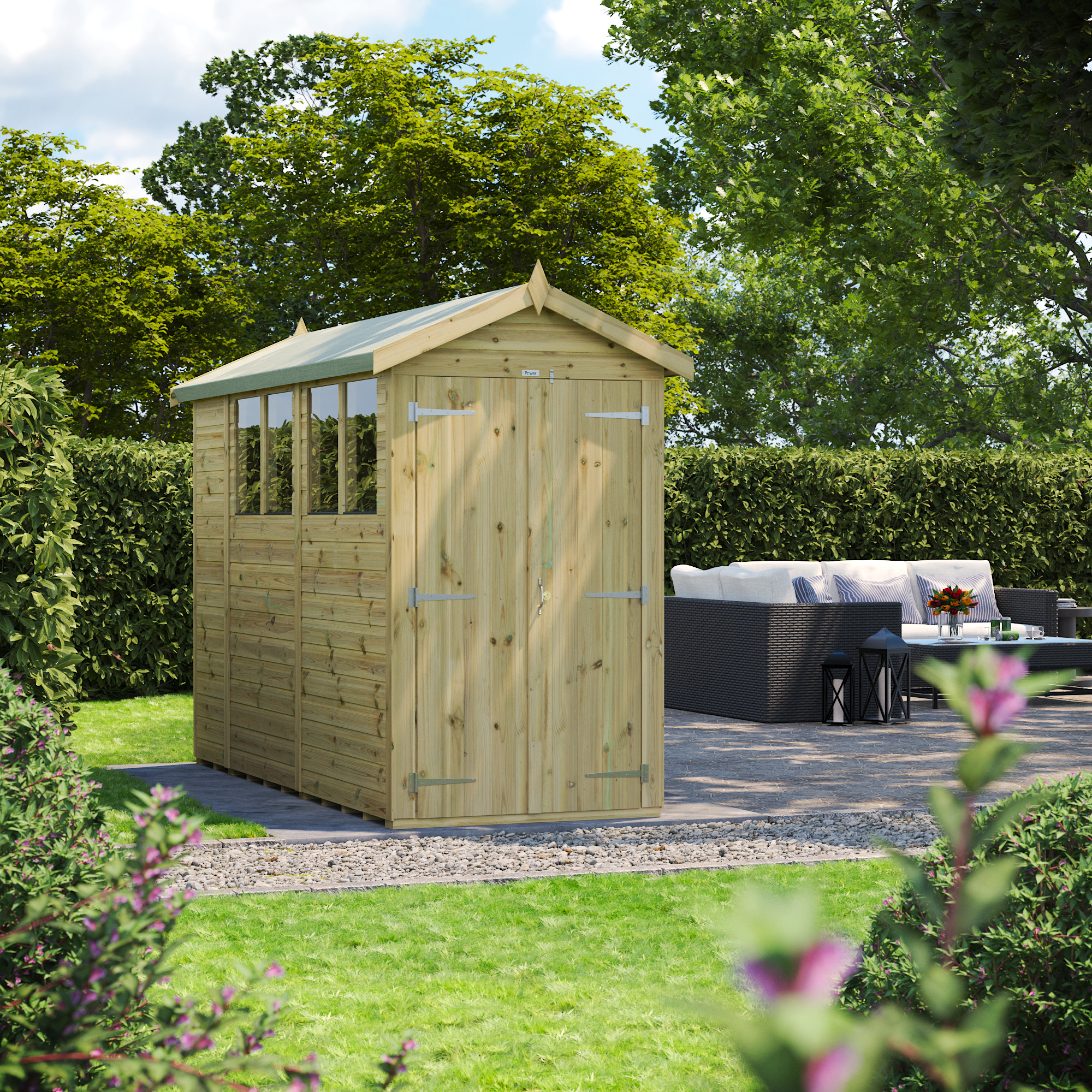Power Sheds Premium Double Door Apex Pressure Treated Shed - 10 x 4ft