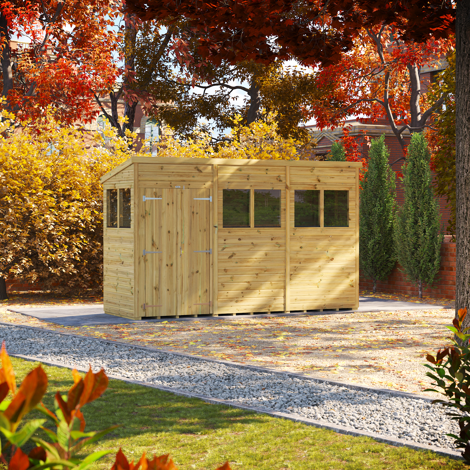 Powersheds Premium Double Door Pent Pressure Treated Shed - 12 x 4ft