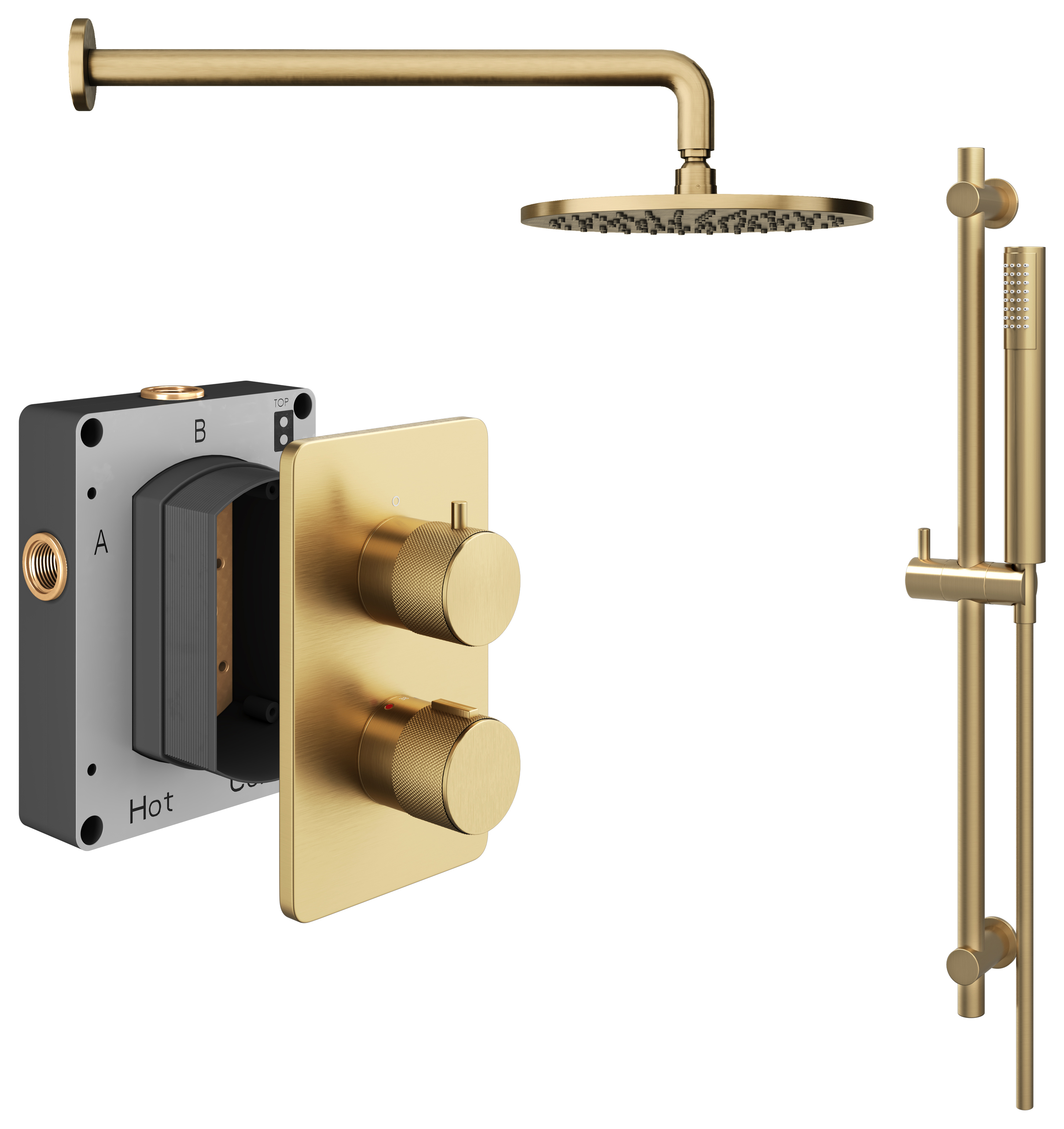 Melbury Pro Dual Control Round Mixer Shower includes Shower Valve, Shower Head & Riser Rail - Brushed Brass