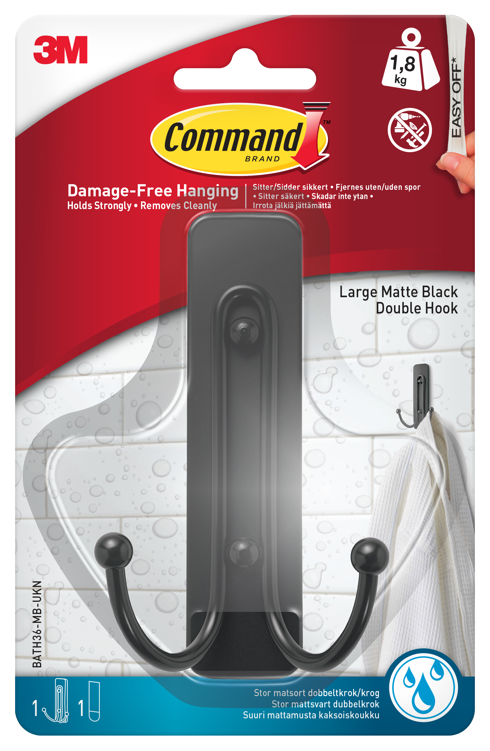 Command Large Bath Double Hook - Black