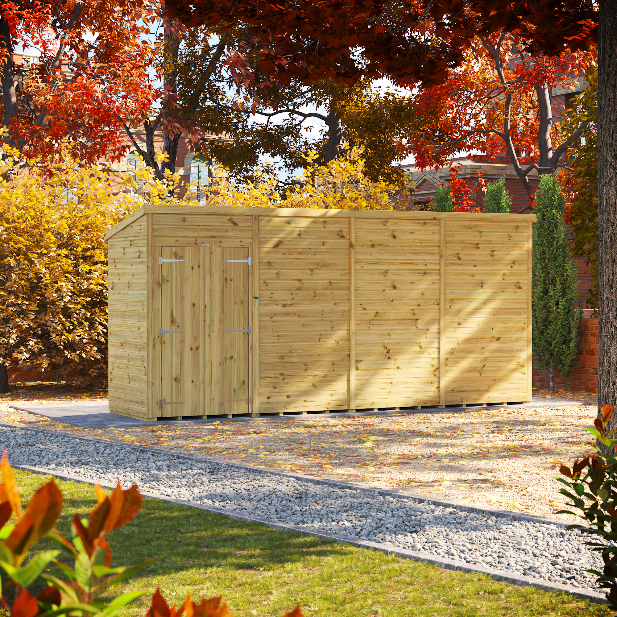 Powersheds Premium Pent Double Door Pressure Treated Windowless Shed - 16 x 4ft