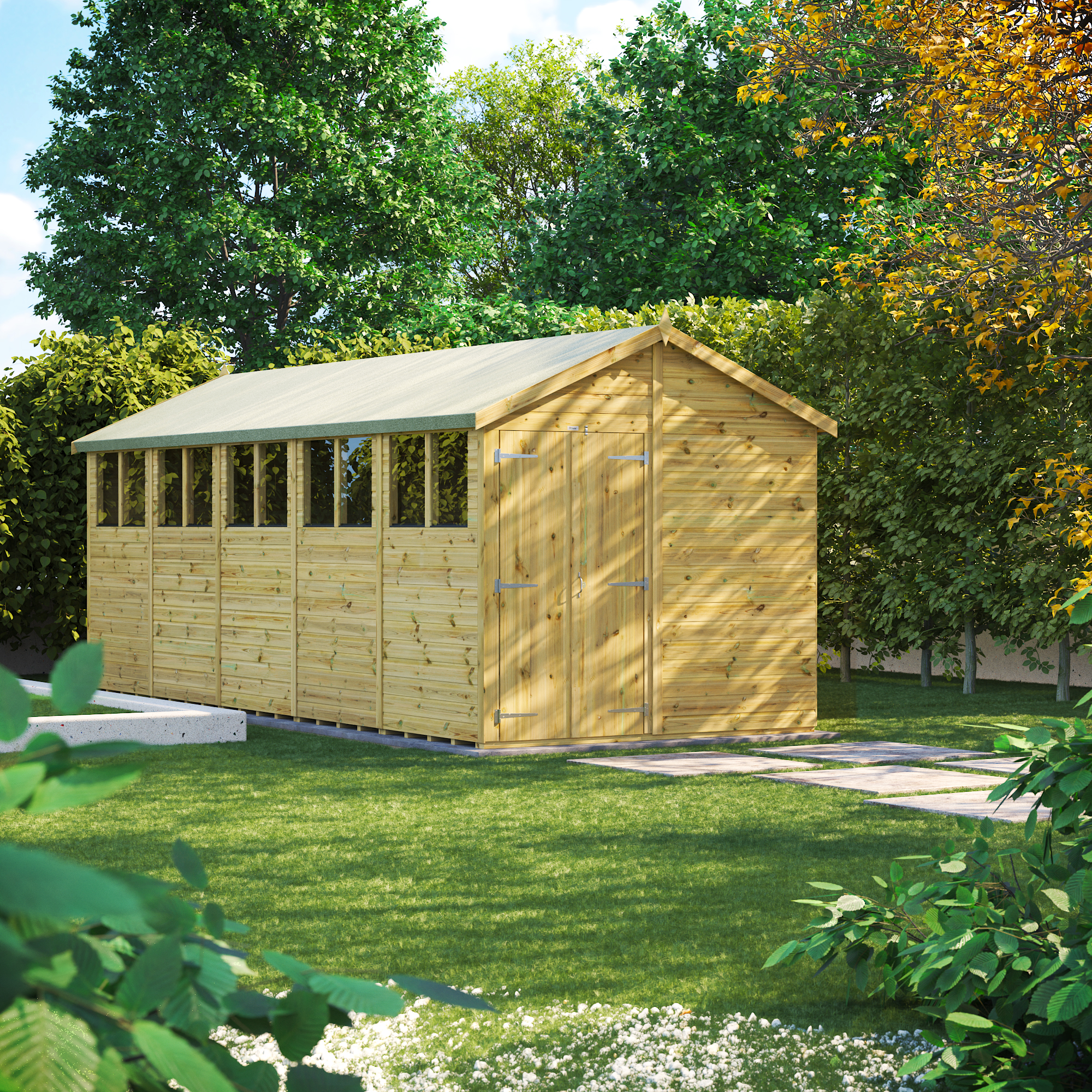 Powersheds Premium Double Door Apex Pressure Treated Shed - 20 x 8ft