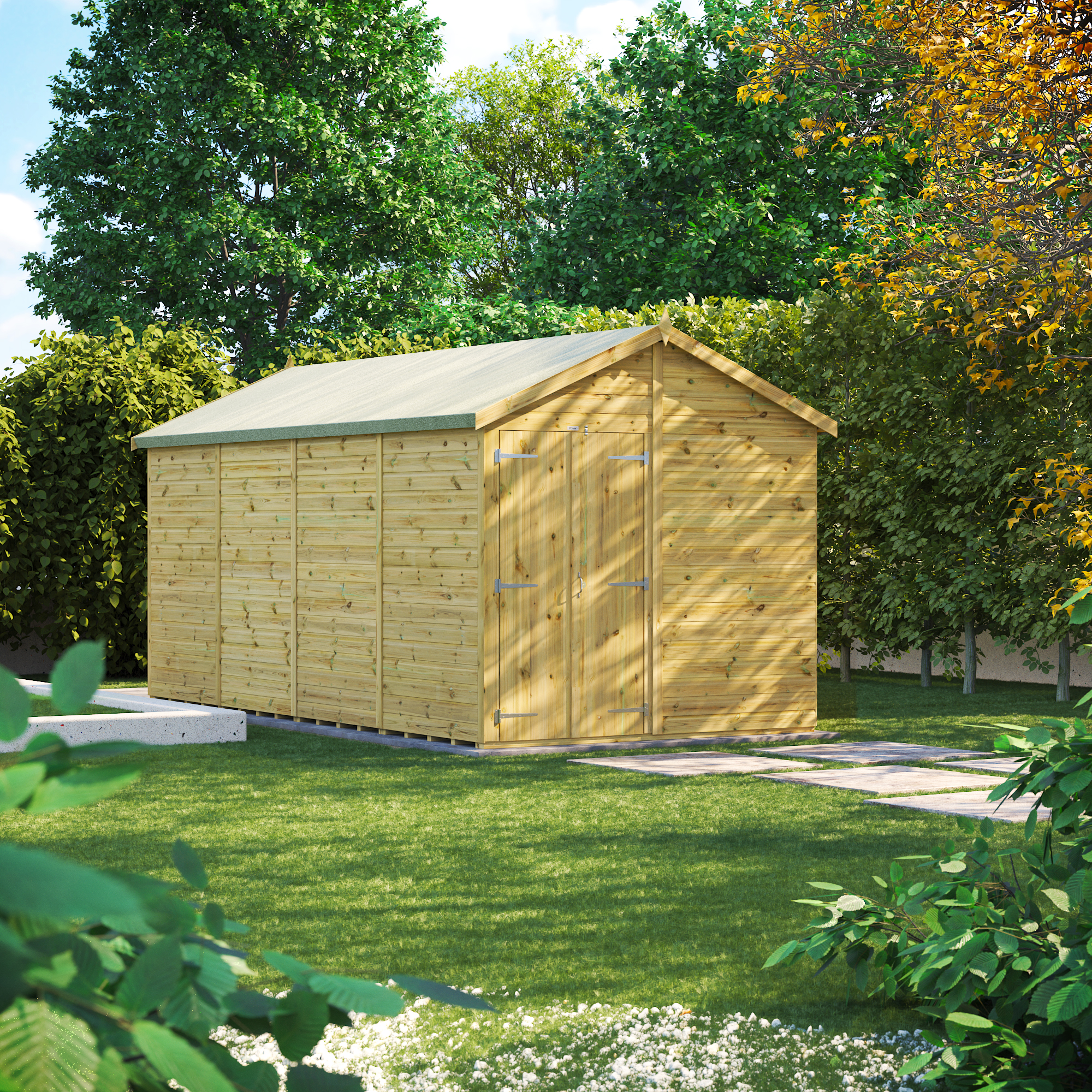 Powersheds Premium Apex Double Door Pressure Treated Windowless Shed - 16 x 8ft