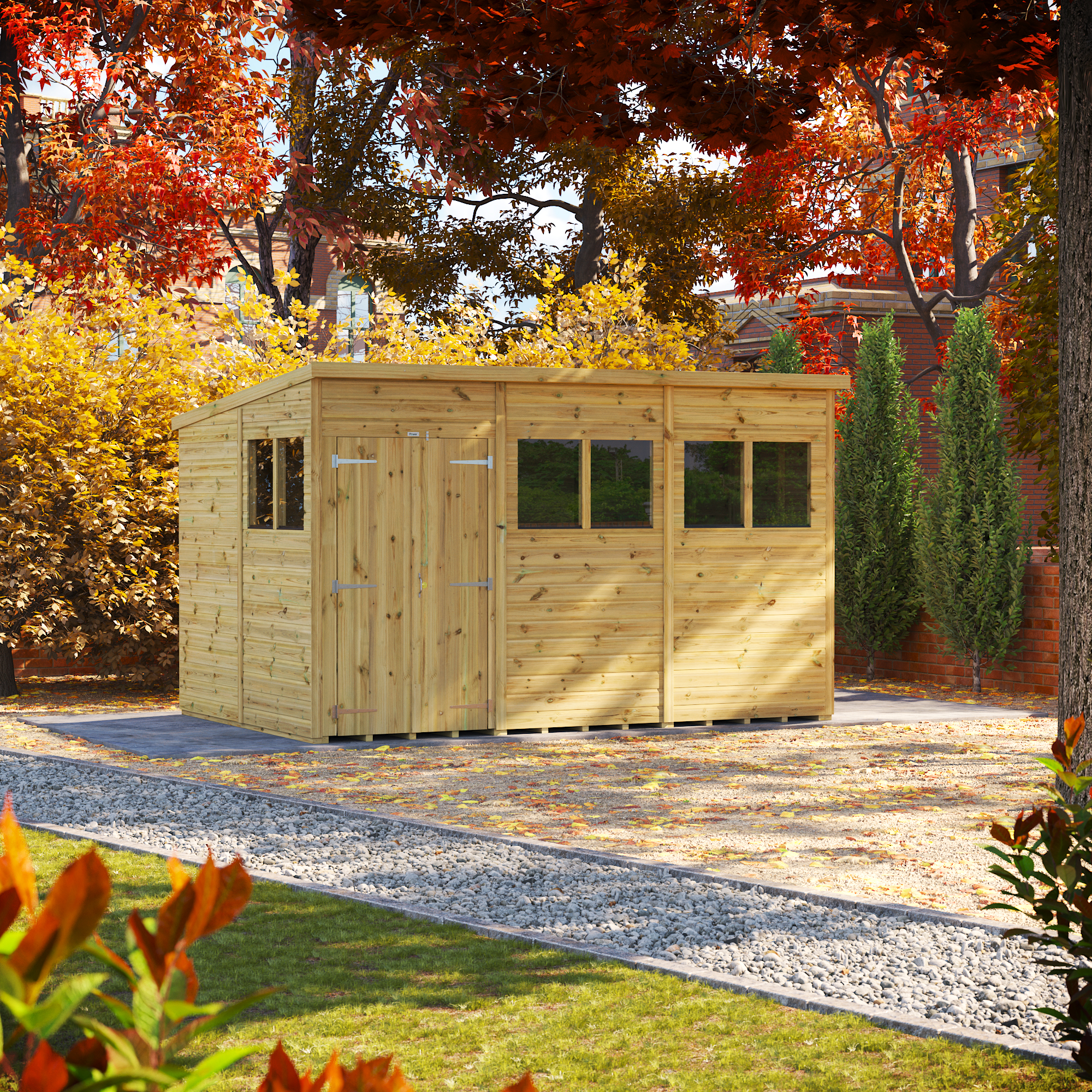 Powersheds Premium Double Door Pent Pressure Treated Shed - 12 x 8ft