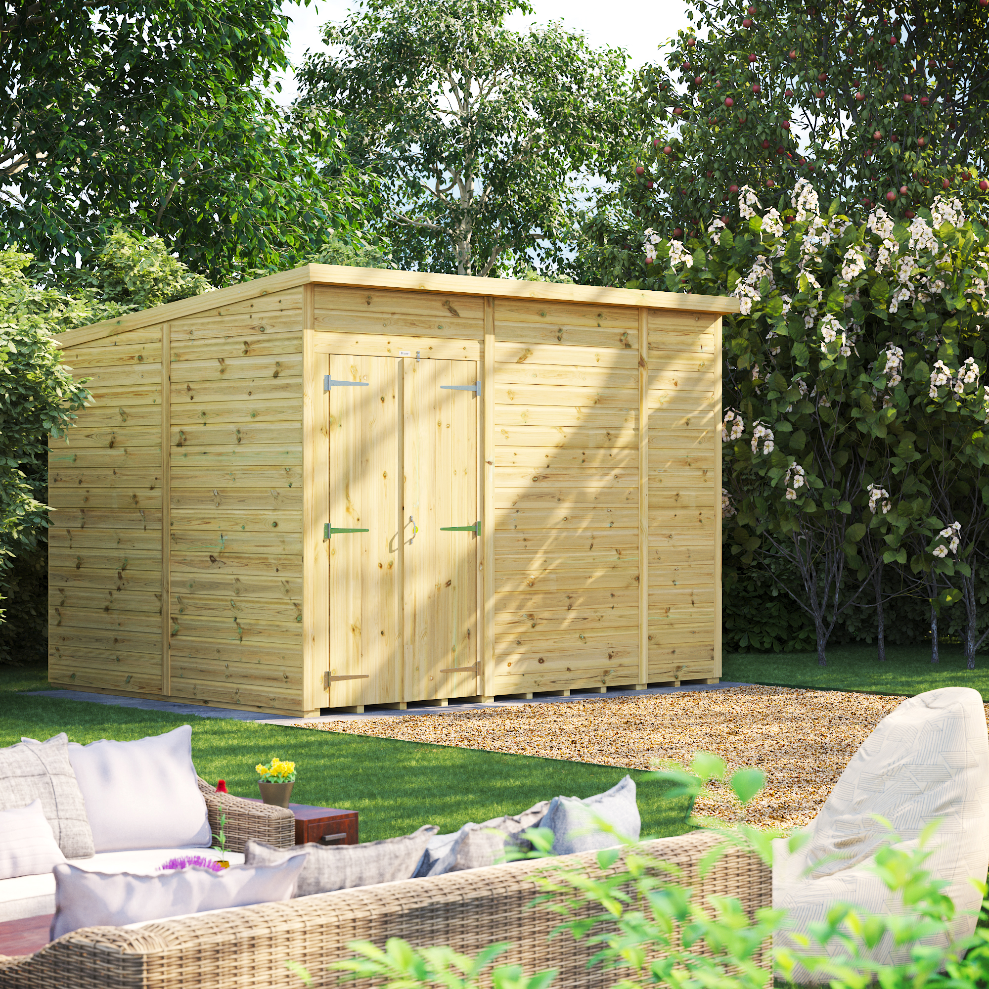 Powersheds Premium Pent Double Door Pressure Treated Windowless Shed - 10 x 8ft