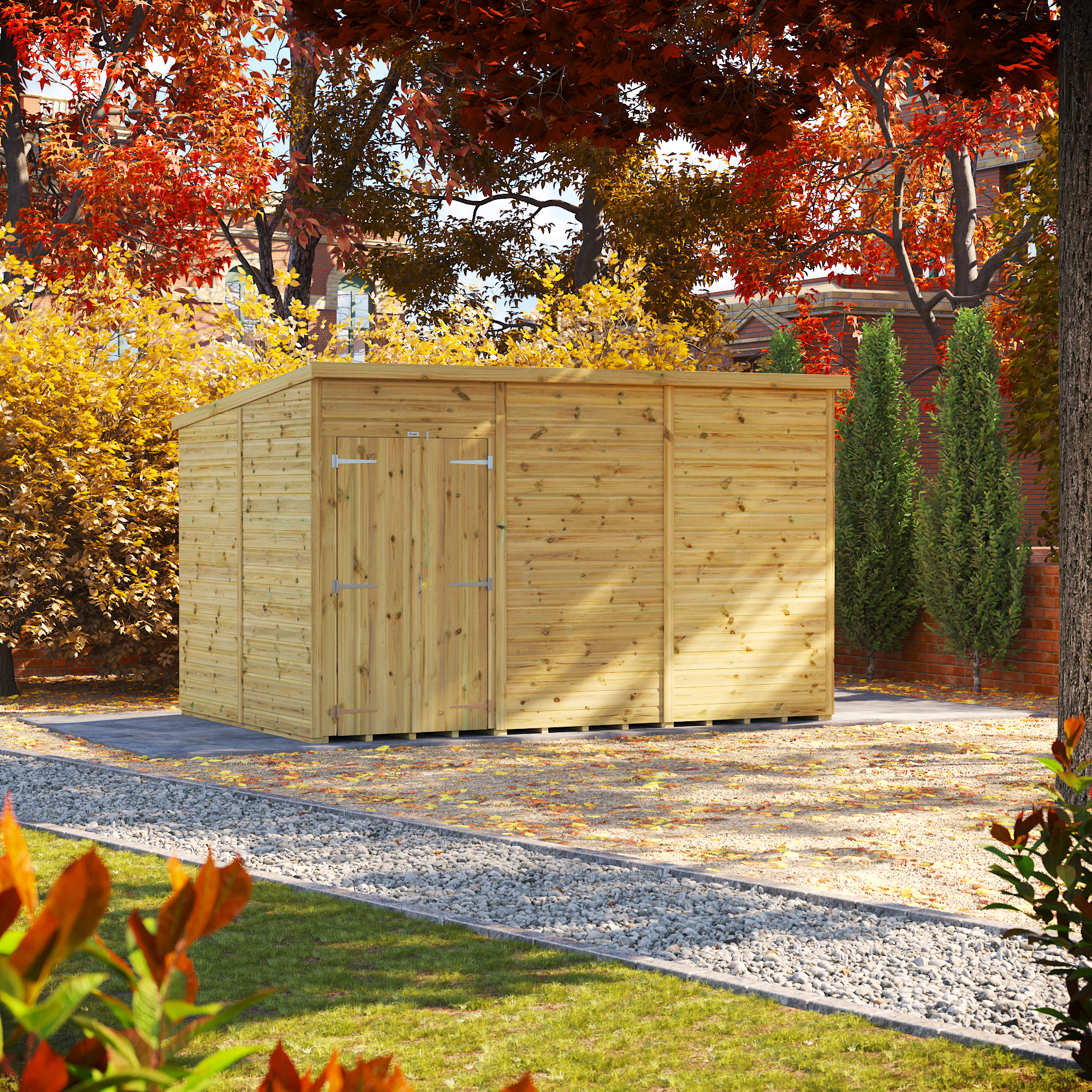 Powersheds Premium Pent Double Door Pressure Treated Windowless Shed - 12 x 8ft