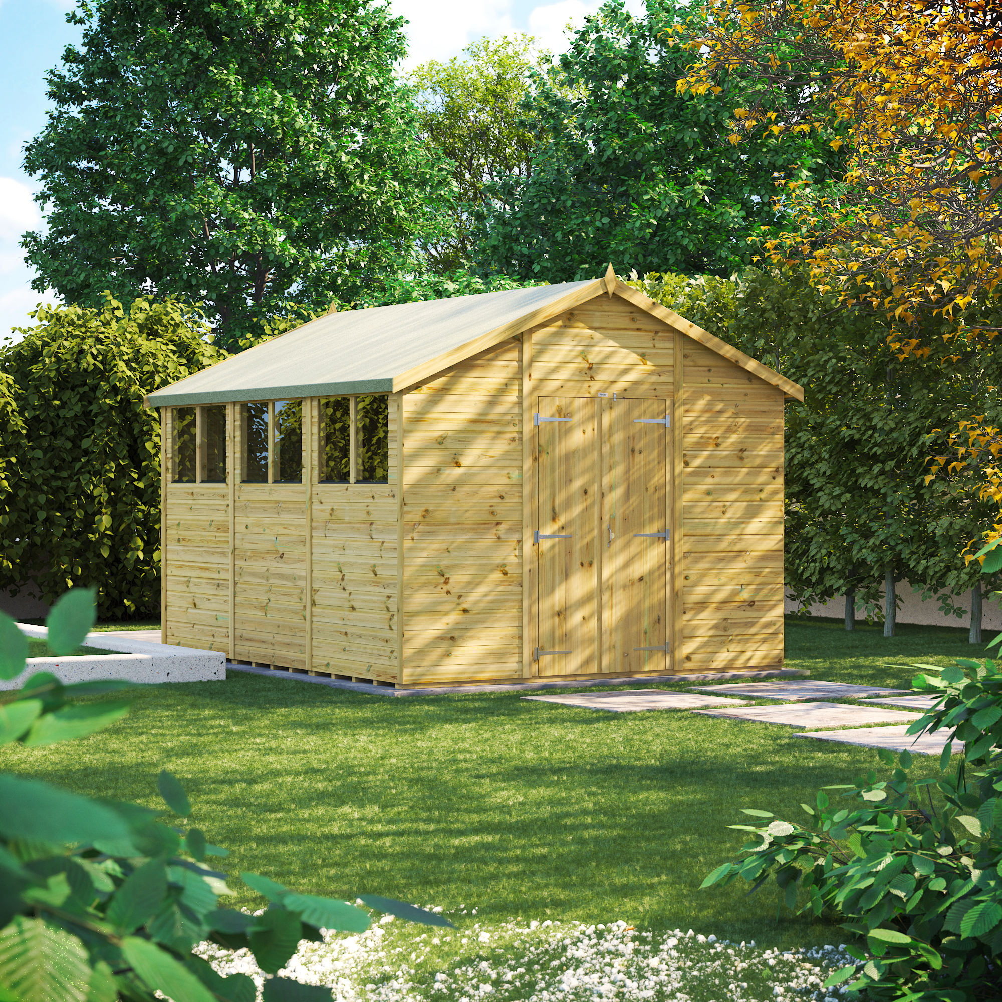 Power Sheds Premium Double Door Apex Pressure Treated Shed - 12 x 10ft
