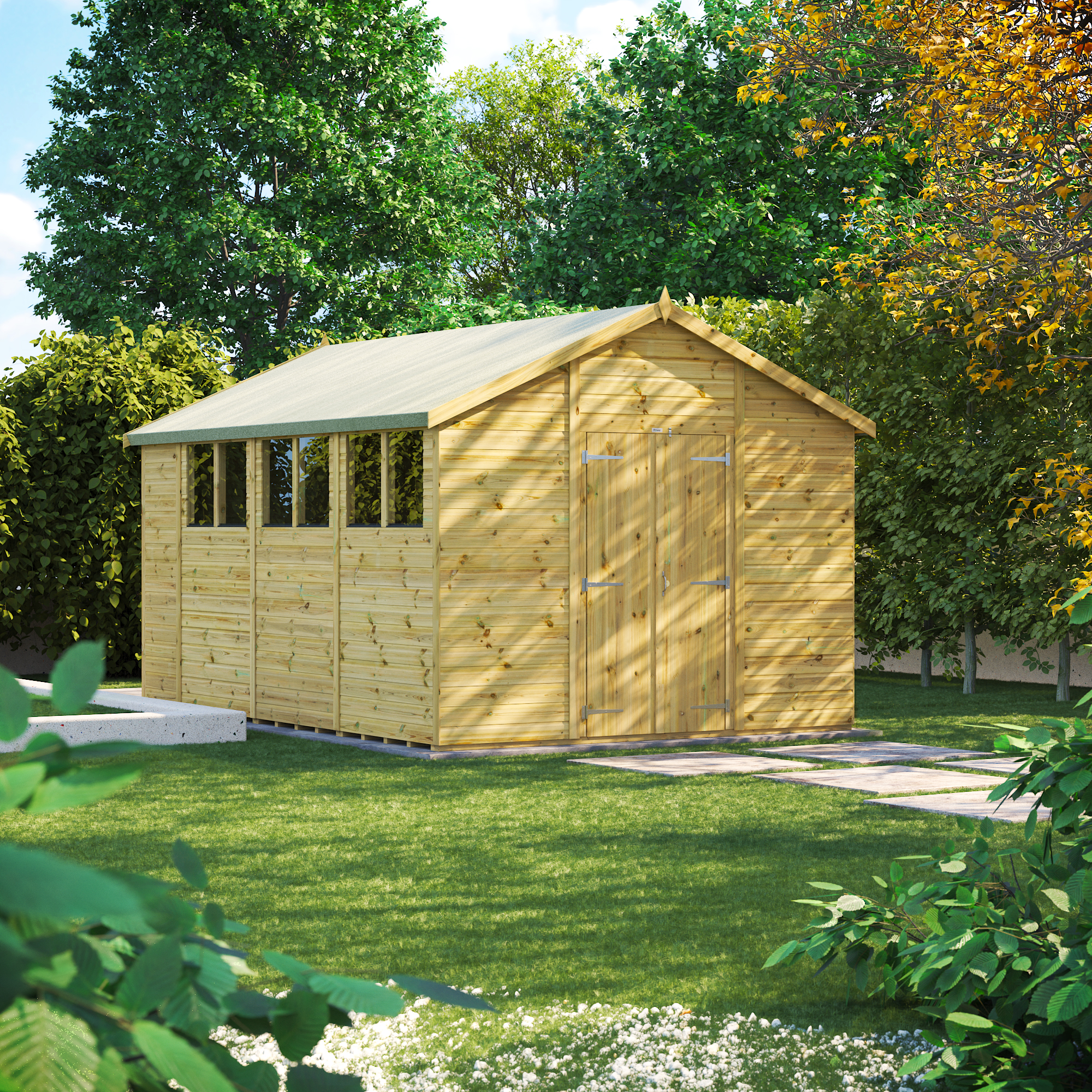 Power Sheds Premium Double Door Apex Pressure Treated Shed - 14 x 10ft