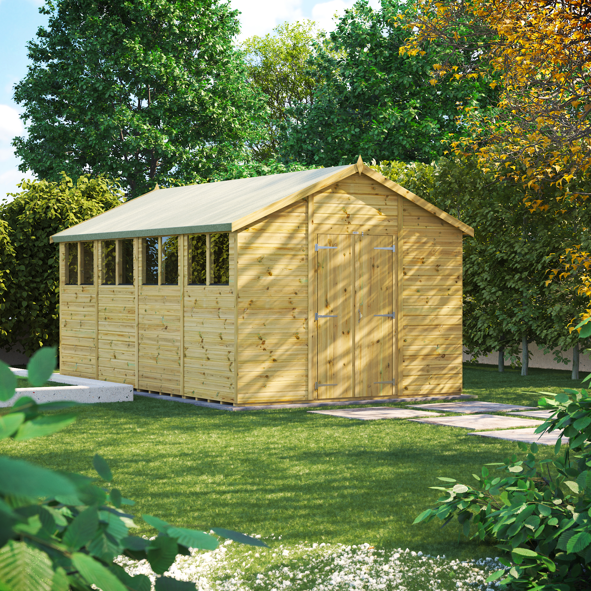 Power Sheds Premium Double Door Apex Pressure Treated Shed - 16 x 10ft