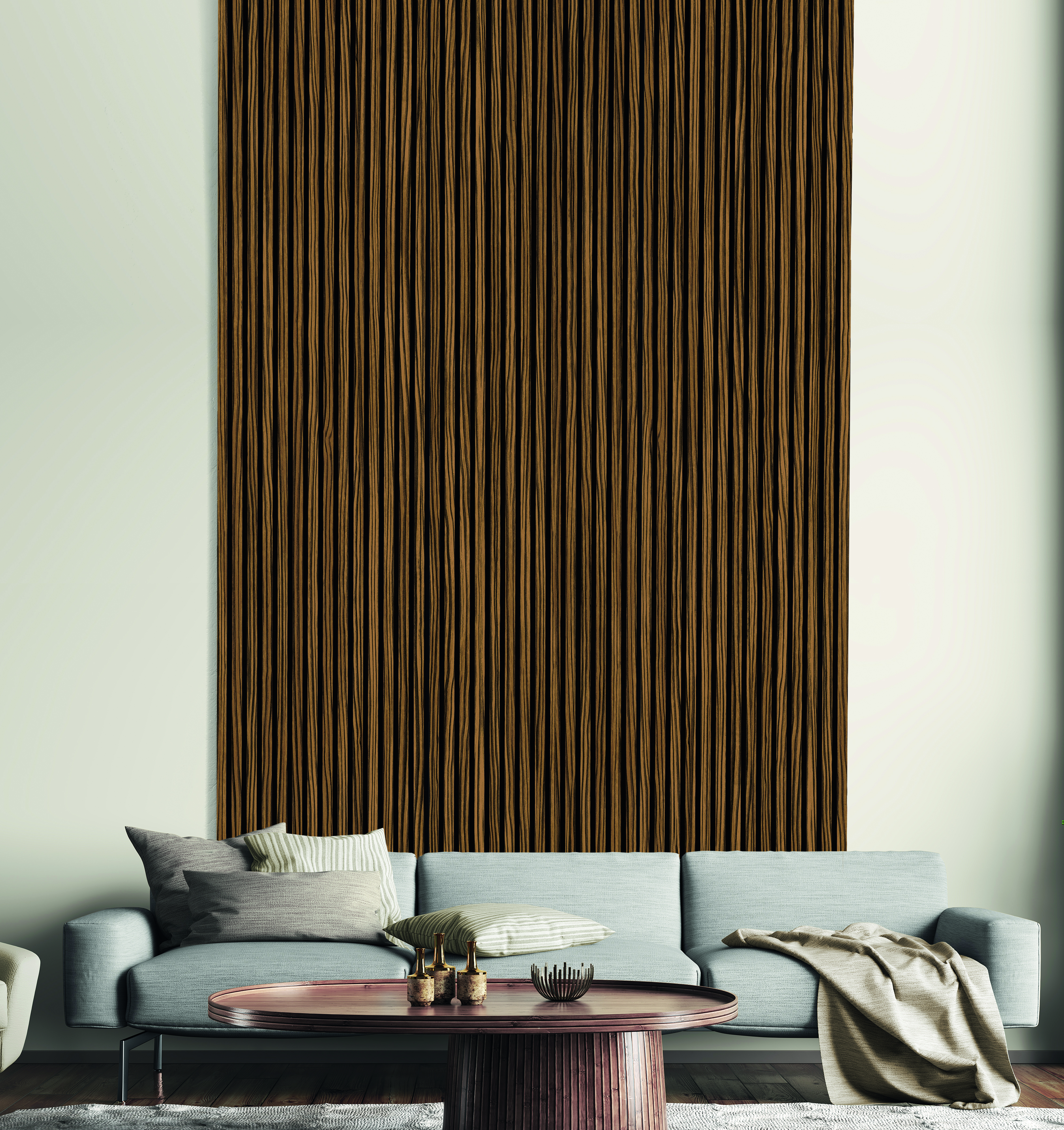 Acoustic Slat Wall Zebrano Foil Wood Panels - 19 x 573 x 2400mm