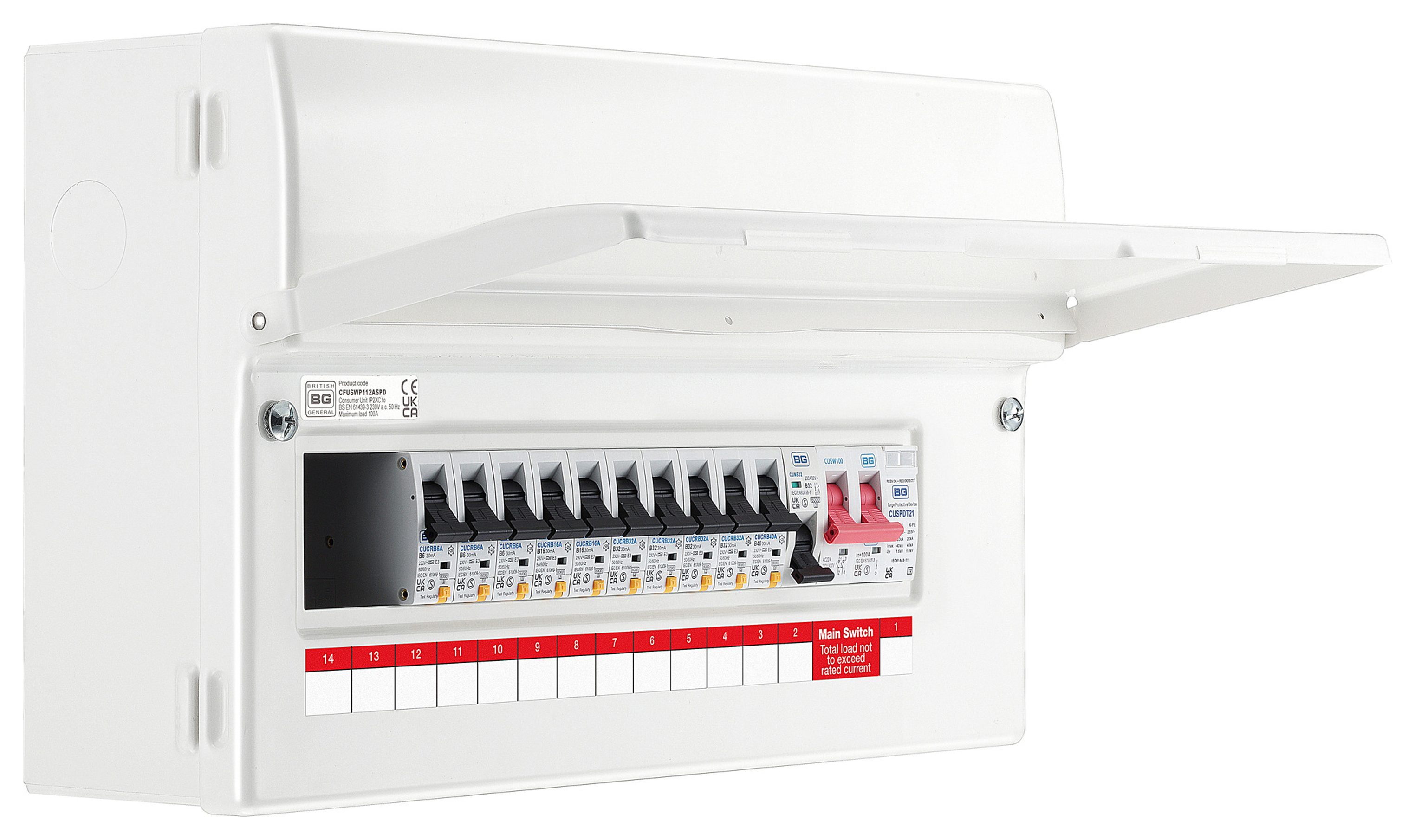 BG Fortress Main Switch 100A 14 module, 12 way, Consumer Unit Populated with 10 x RCBOs and SPD