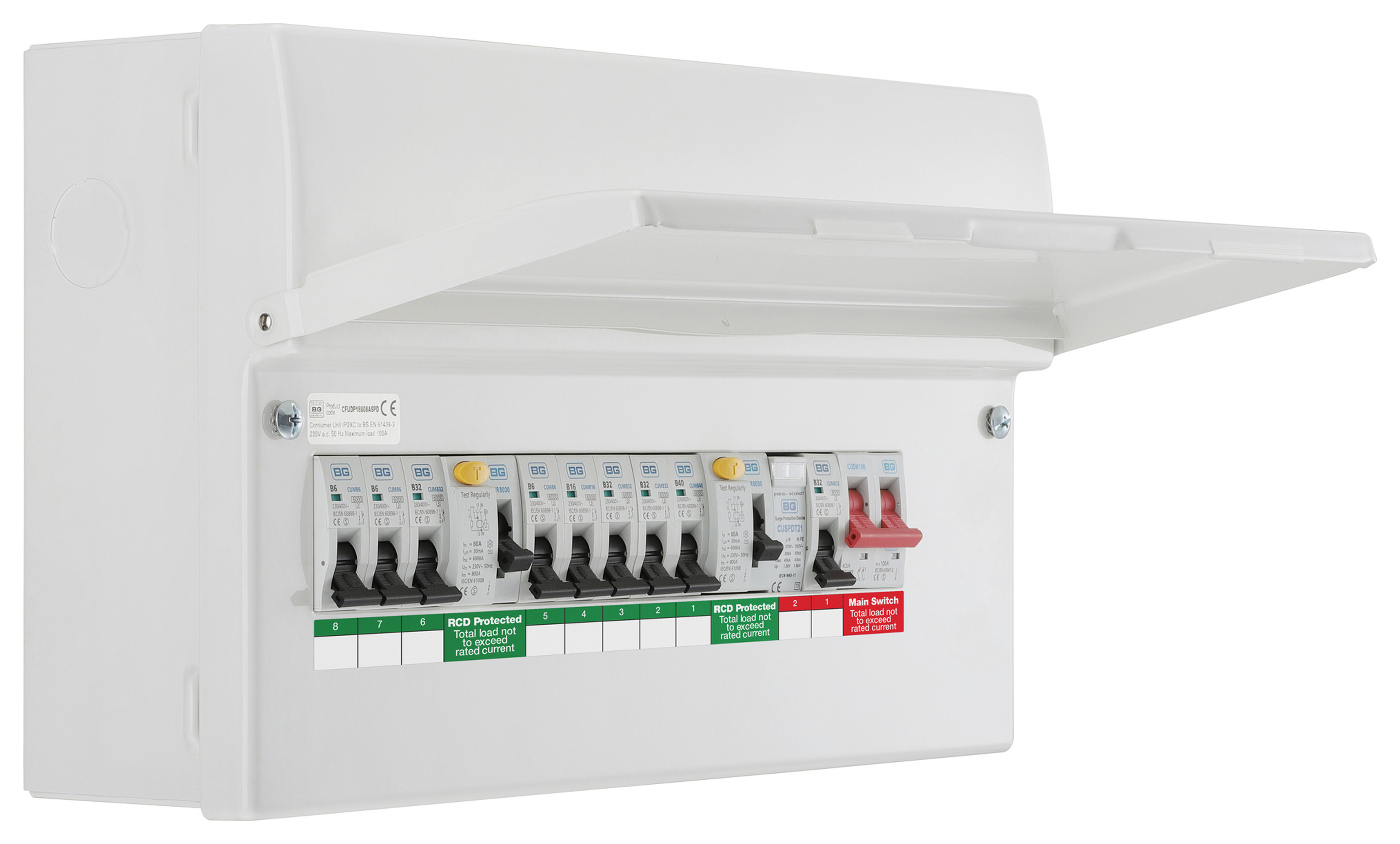 BG Fortress Main Switch 100A 16 module, 8 way, Consumer Unit Populated with 80A/80A Type A RCD, 8 x MCBs, and SPD