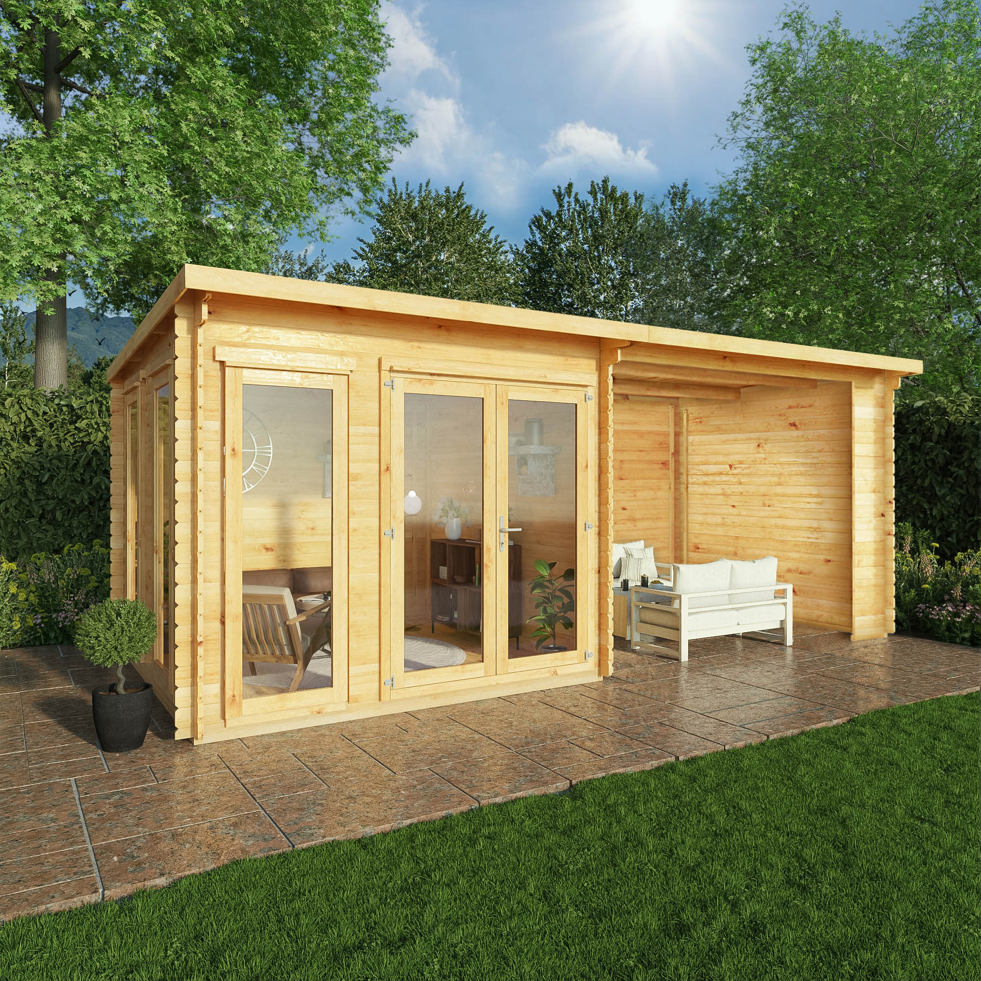 Mercia 28mm Studio Pent Log Cabin with Patio Area - 19 x 11ft