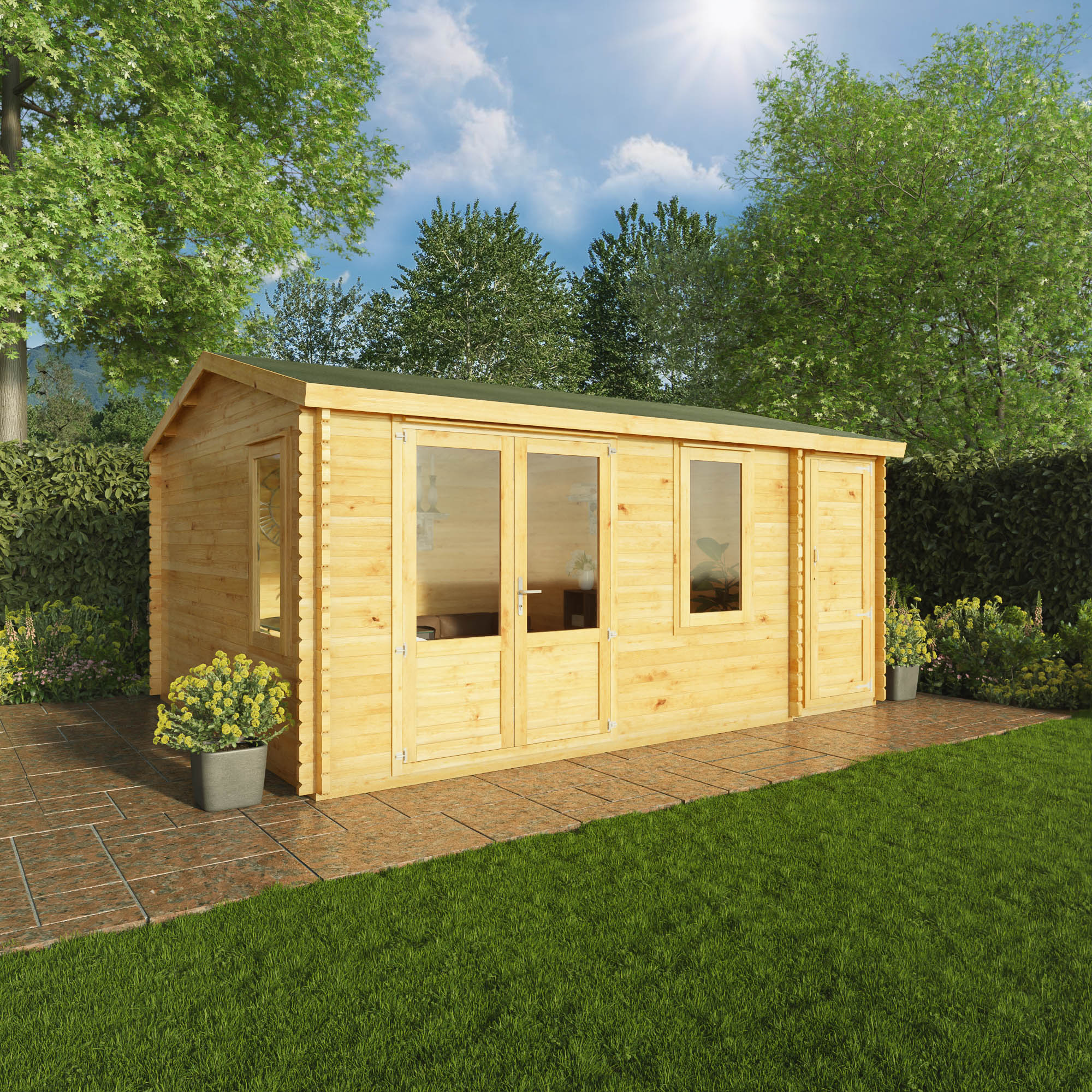 Mercia 28mm Home Office Elite Log Cabin with Side Shed & Assembly - 17 x 14ft