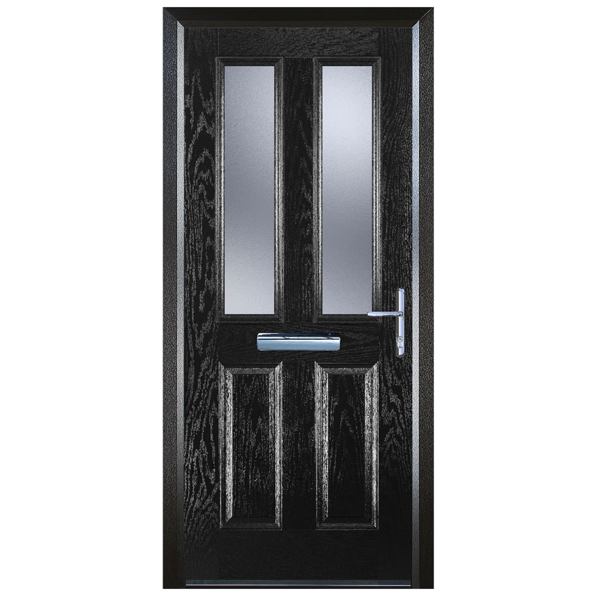 Door-Stop 2 Panel 2 Square Black Left Hand Composite Door with Stippolyte Glass & Colour-Matched Frame - 2100mm