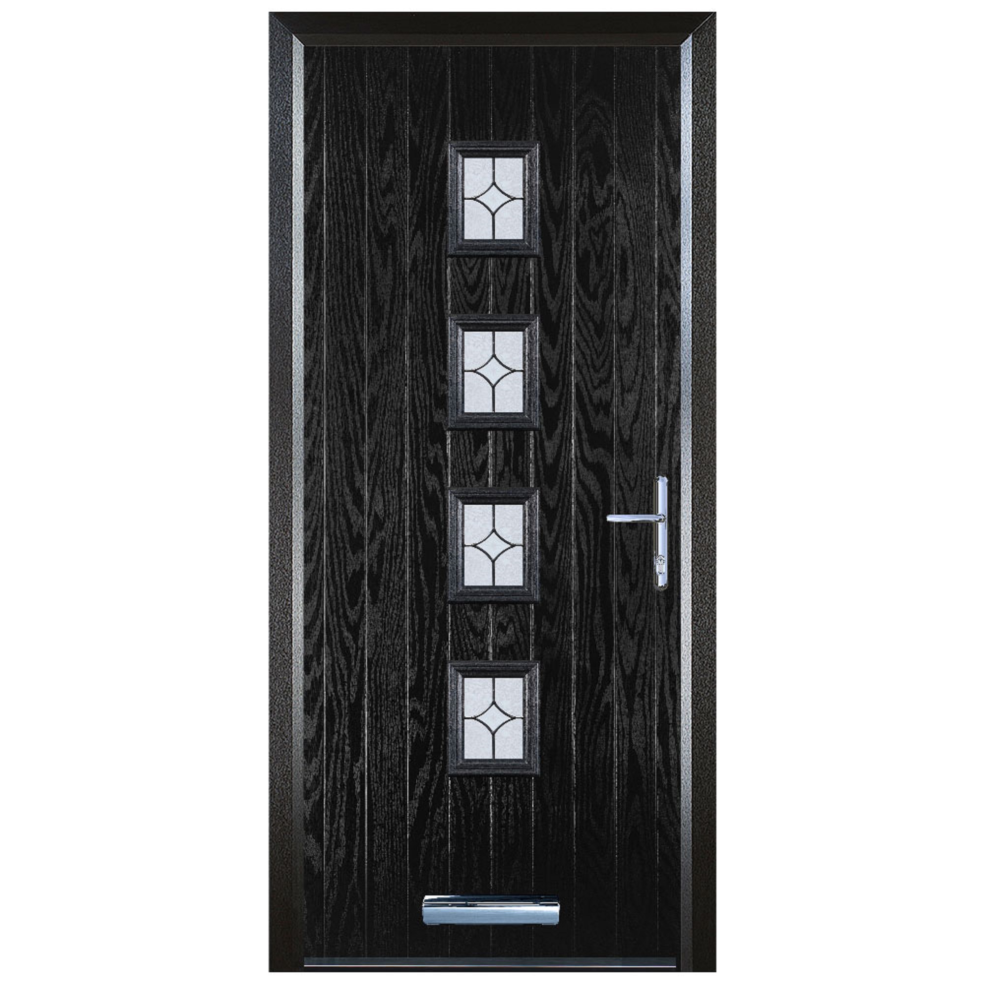 Door-Stop 4 Square Black Left Hand Composite Door with Flair Glass & Colour-Matched Frame - 2100mm