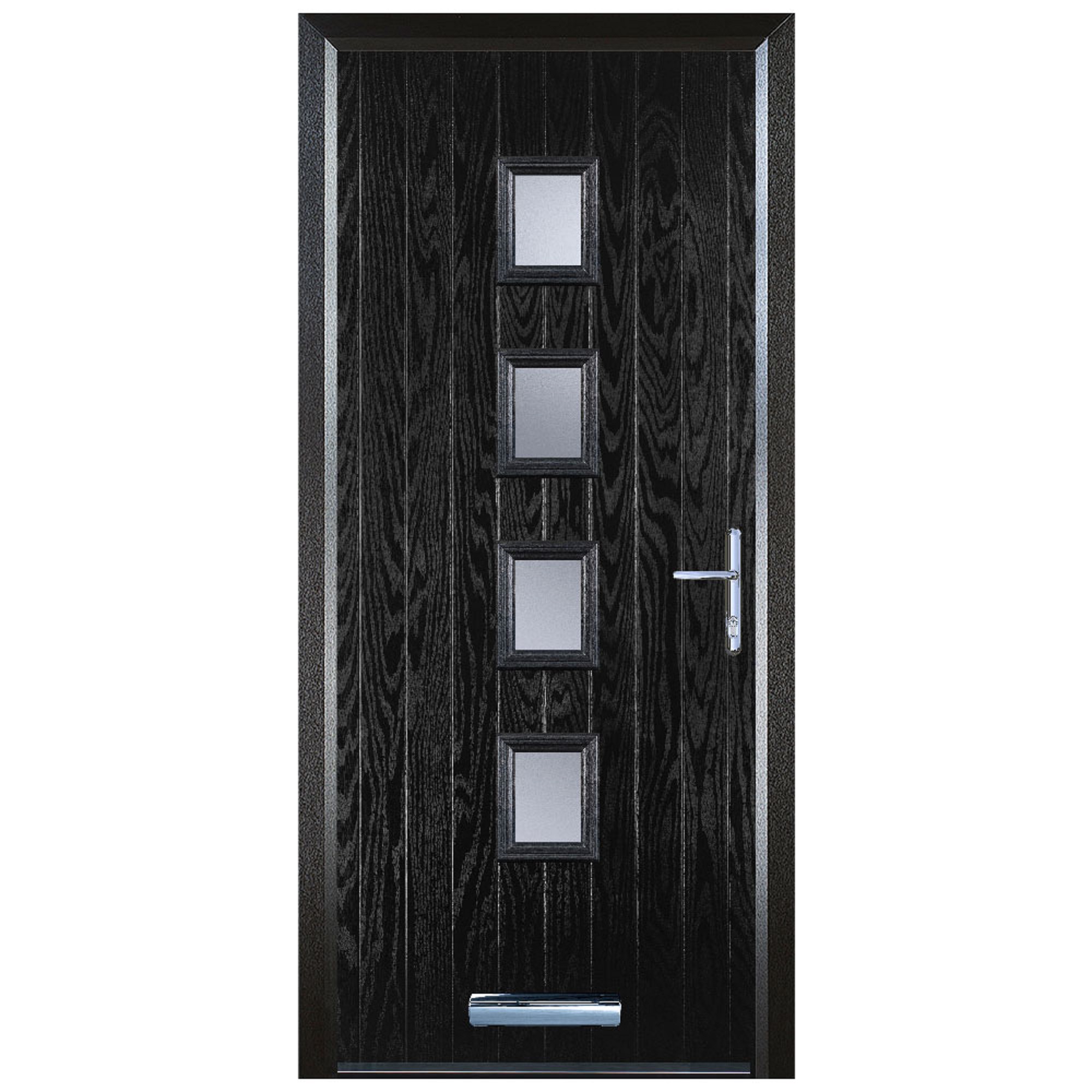 Door-Stop 4 Square Black Left Hand Composite Door with Stippolyte Glass & Colour-Matched Frame - 2100mm