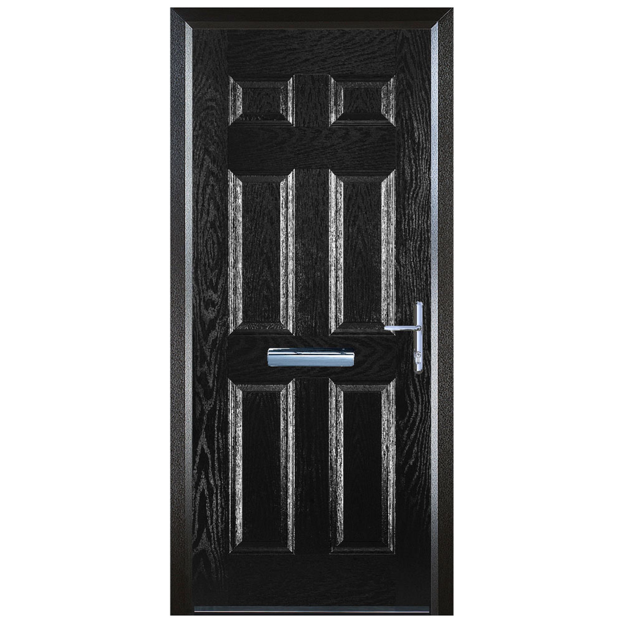 Door-Stop 6 Panel Black Left Hand Composite Door with Colour-Matched Frame - 2100mm